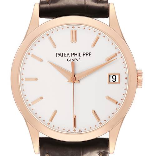 The Patek Philippe Calatrava 5296R-010 Men's Rose Gold Silver Dial watch is shown from a front angle, displaying its face, dial, and strap connection.