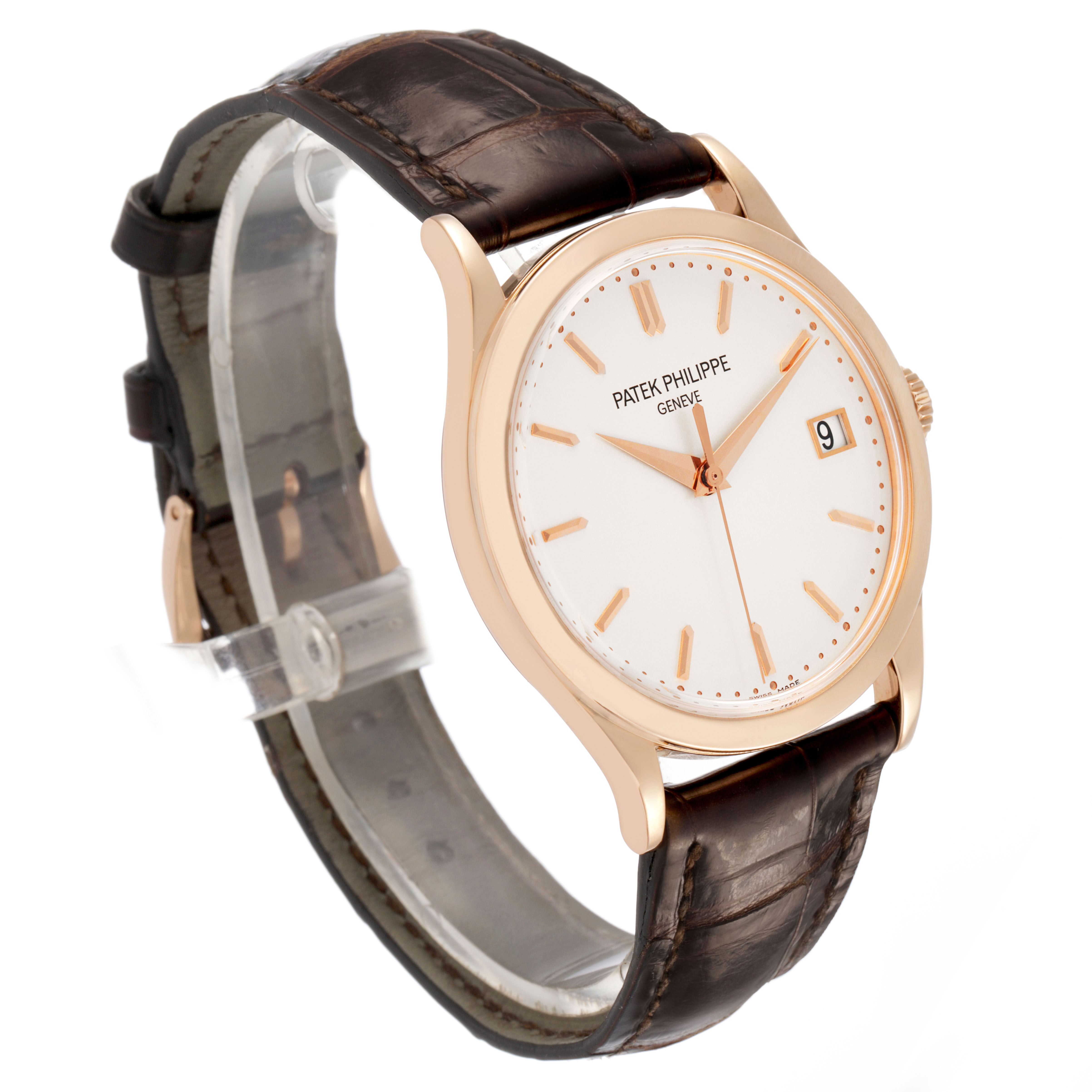 The Patek Philippe Calatrava 5296R-010 Men's Rose Gold Silver Dial watch is shown at a 3/4 angle, highlighting the dial, case, strap, and crown.