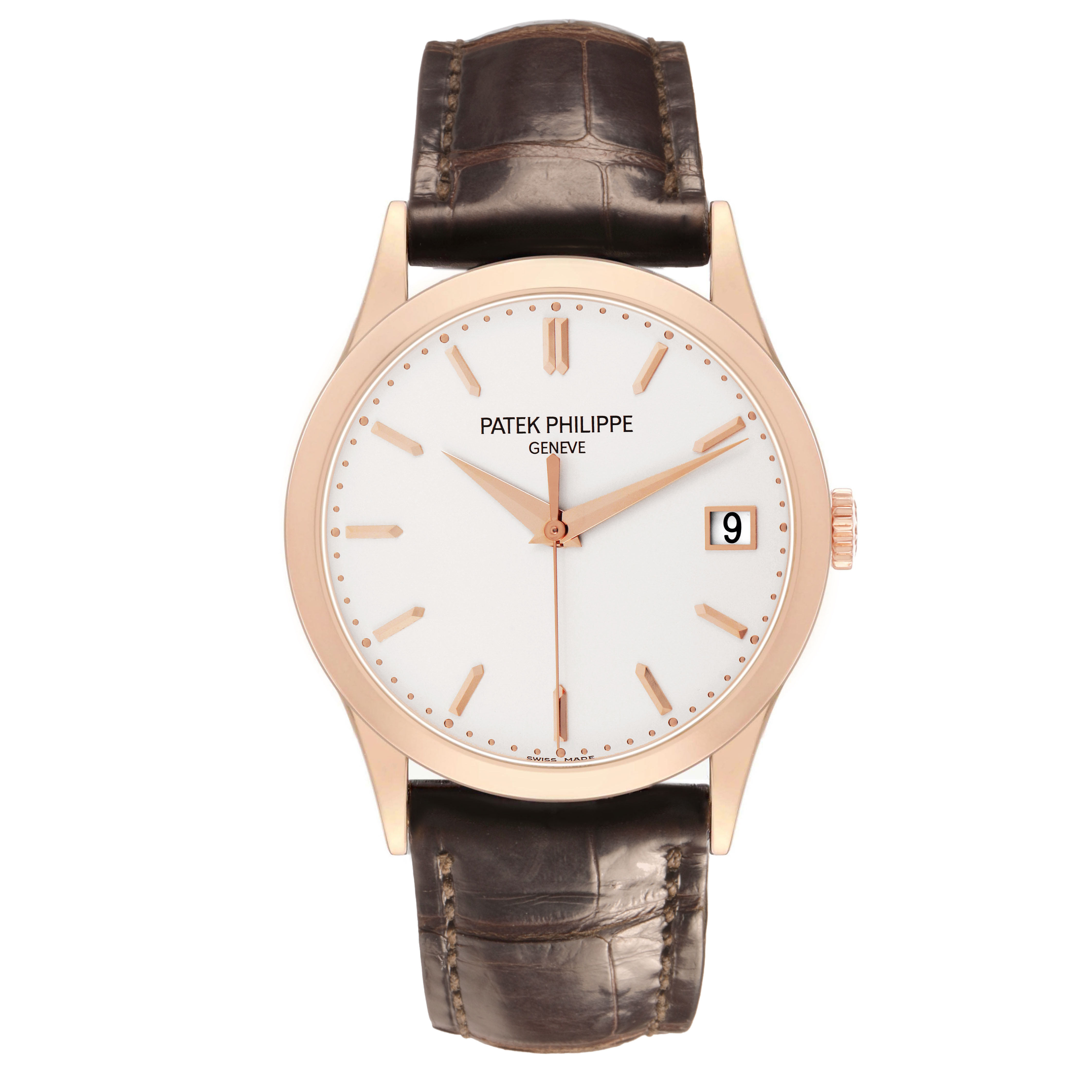 The Patek Philippe Calatrava 5296R-010 Men's Rose Gold Silver Dial watch is shown from the front, displaying the face, hands, and strap.