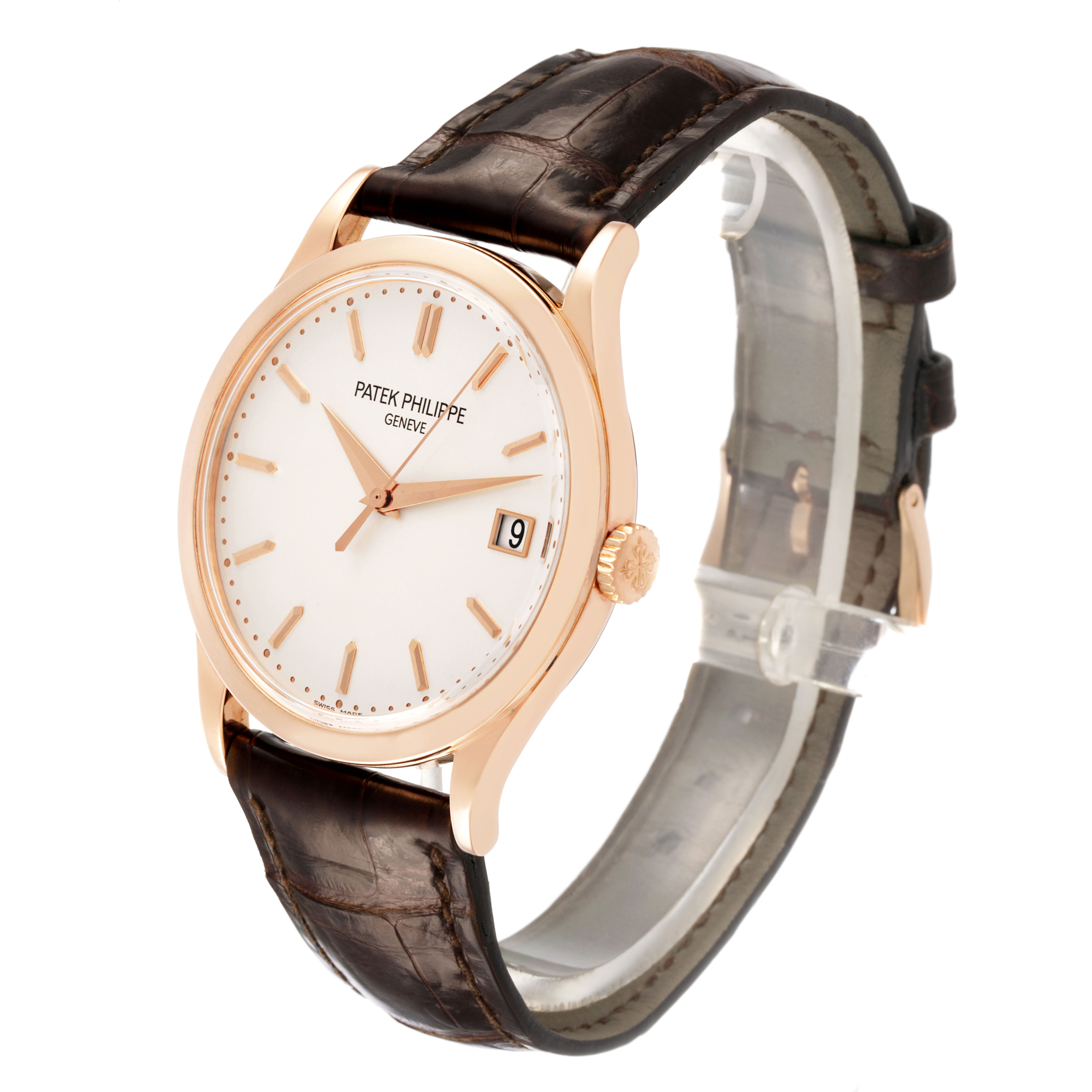 The Patek Philippe Calatrava 5296R-010 Men's Rose Gold Silver Dial watch is shown at a slight angle, highlighting its face, rose gold case, and dark leather strap.