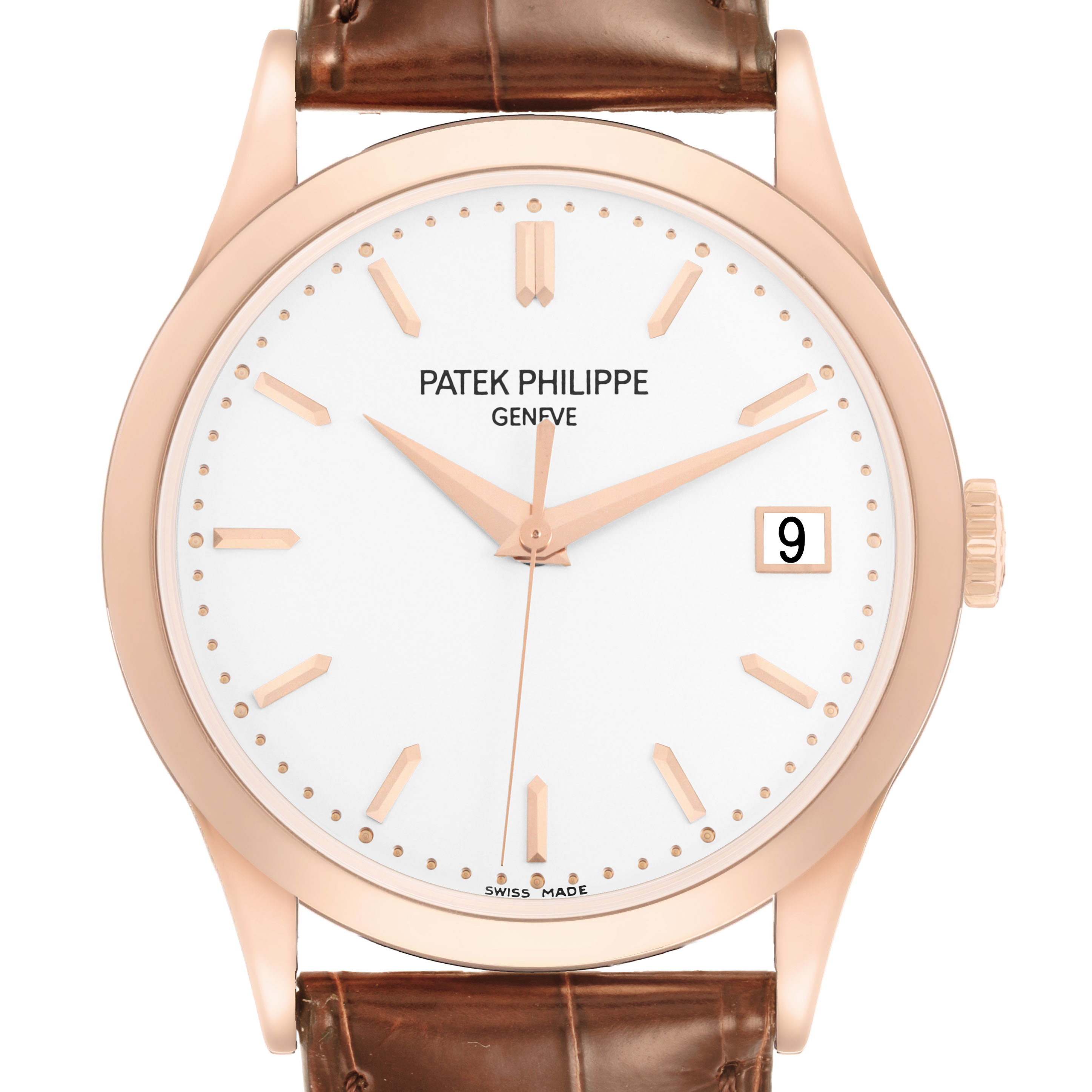 The Patek Philippe Calatrava 5296R-010 Men's Rose Gold Silver Dial watch is shown from a front angle, highlighting the dial, hands, and date window.