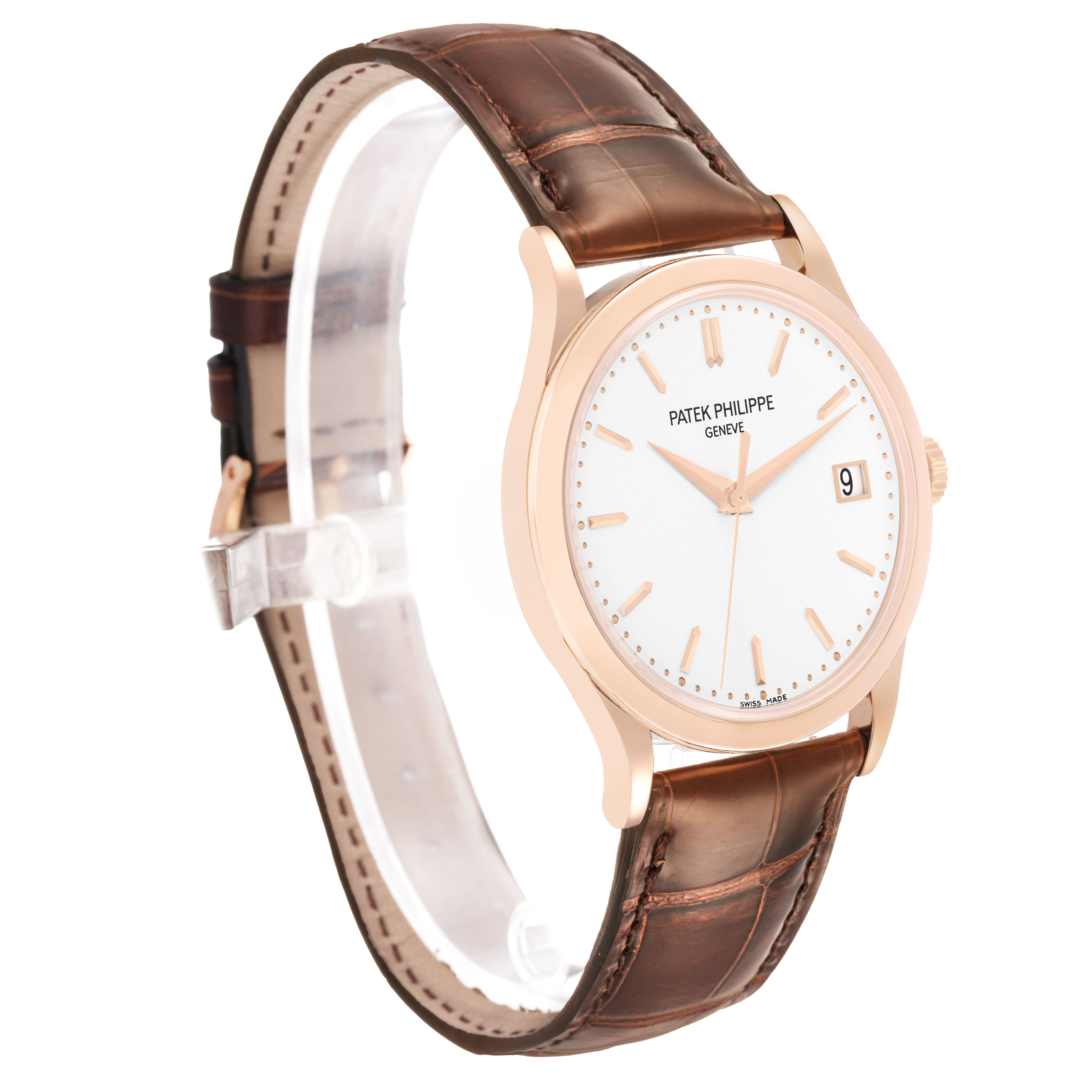 The Patek Philippe Calatrava 5296R-010 Men's Rose Gold Silver Dial watch is shown at a slight angle, highlighting the dial, bezel, and brown leather strap.