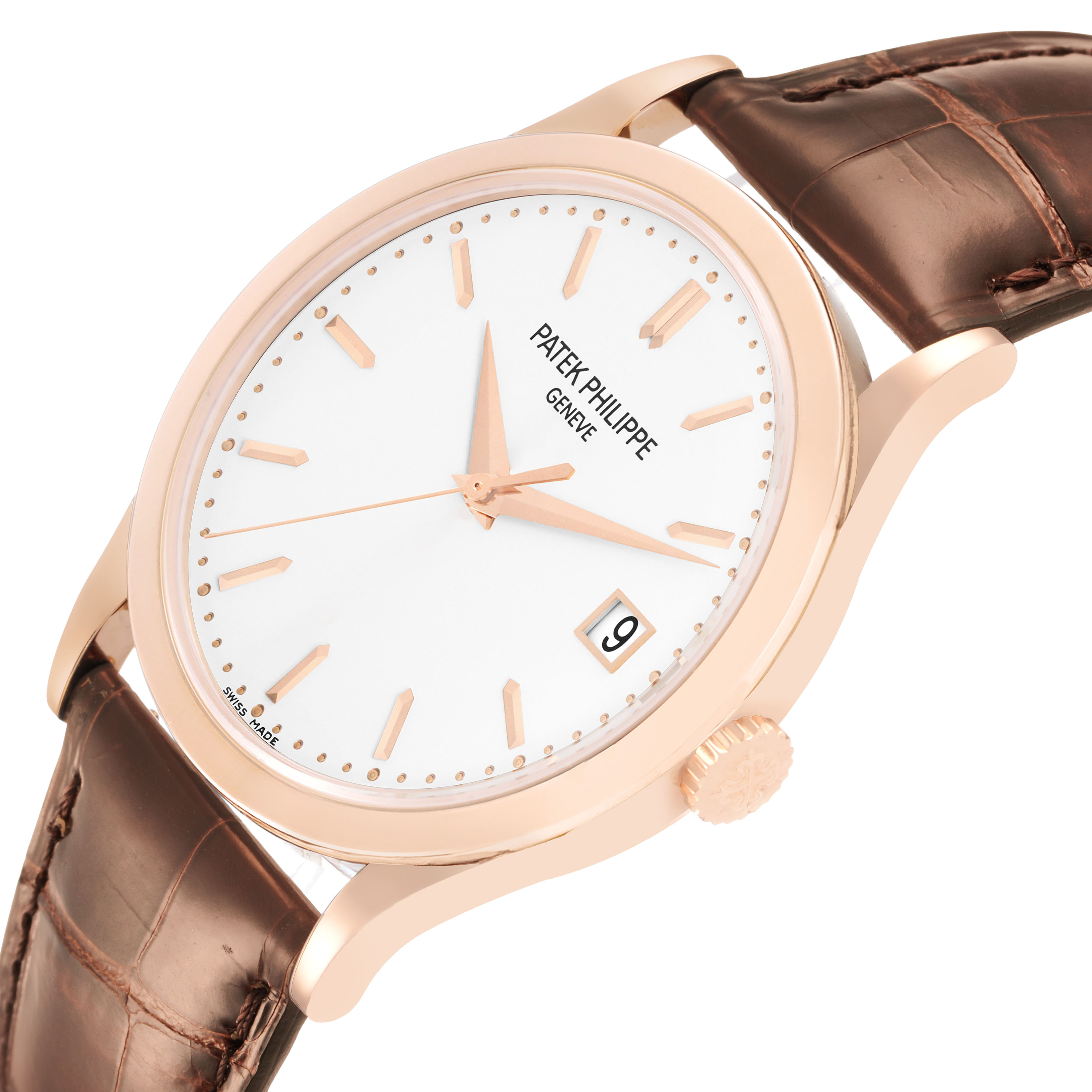The Patek Philippe Calatrava 5296R-010 Men's Rose Gold Silver Dial watch is shown at a slight side angle, highlighting the dial, case, crown, and leather strap.