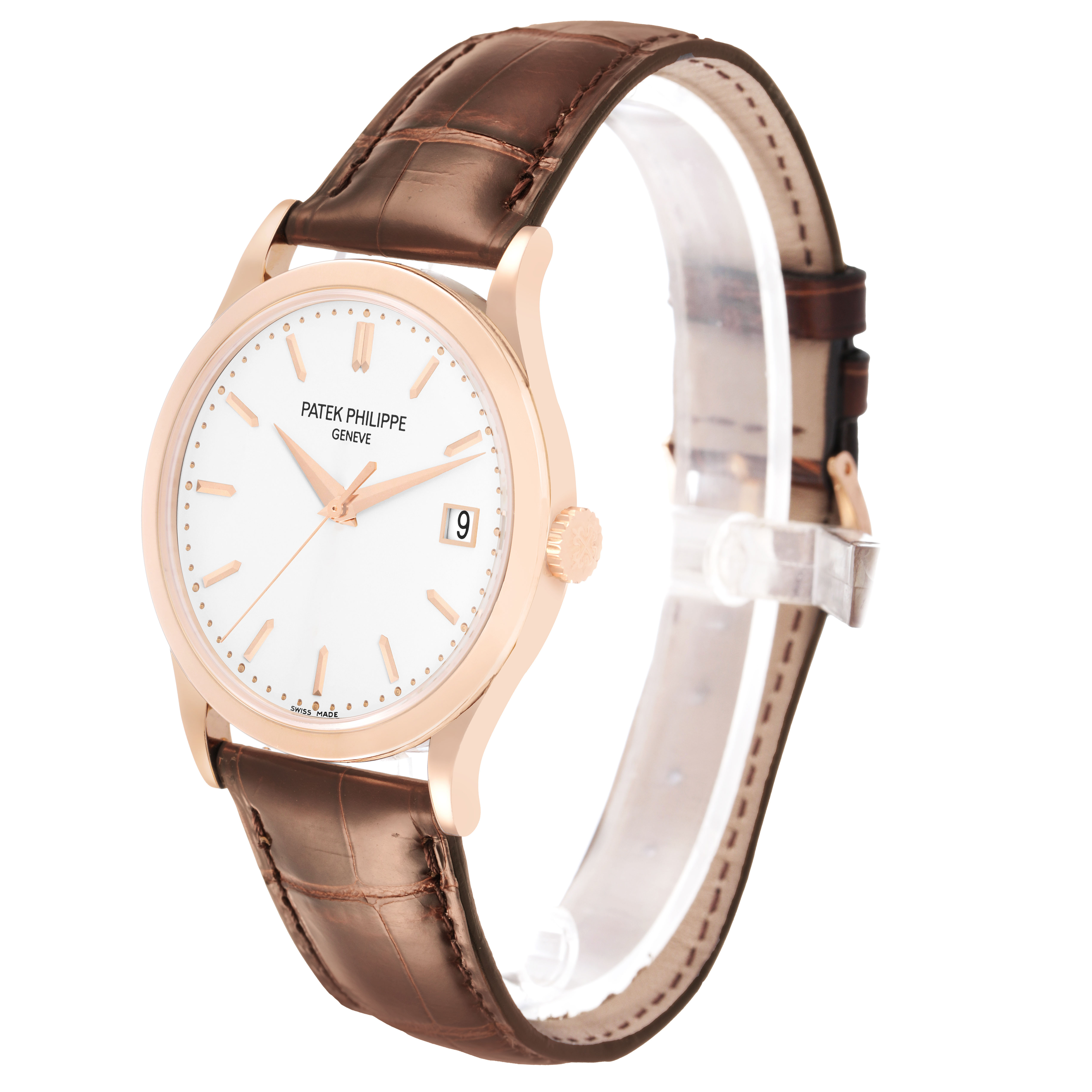 The Patek Philippe Calatrava 5296R-010 Men's Rose Gold Silver Dial watch is shown at a three-quarter angle, highlighting the rose gold case, white dial, and brown leather strap.