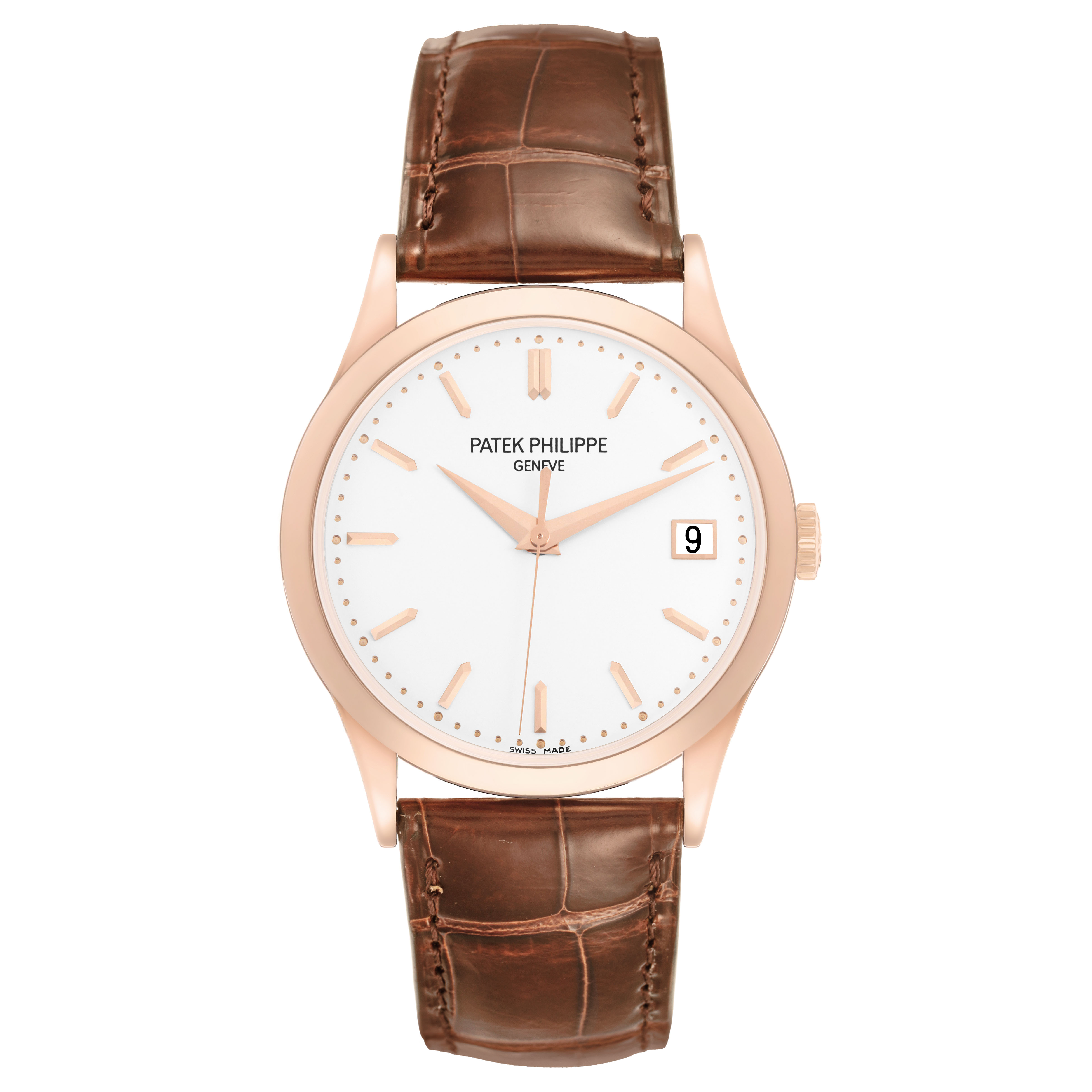 The Patek Philippe Calatrava 5296R-010 Men's Rose Gold Silver Dial watch is shown from a top-down angle, displaying the face, hands, case, and leather strap.