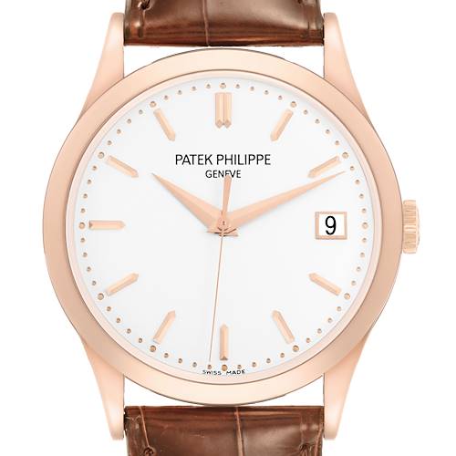 The Patek Philippe Calatrava 5296R-010 Men's Rose Gold Silver Dial watch is shown from the front, displaying the face, case, and brown strap.