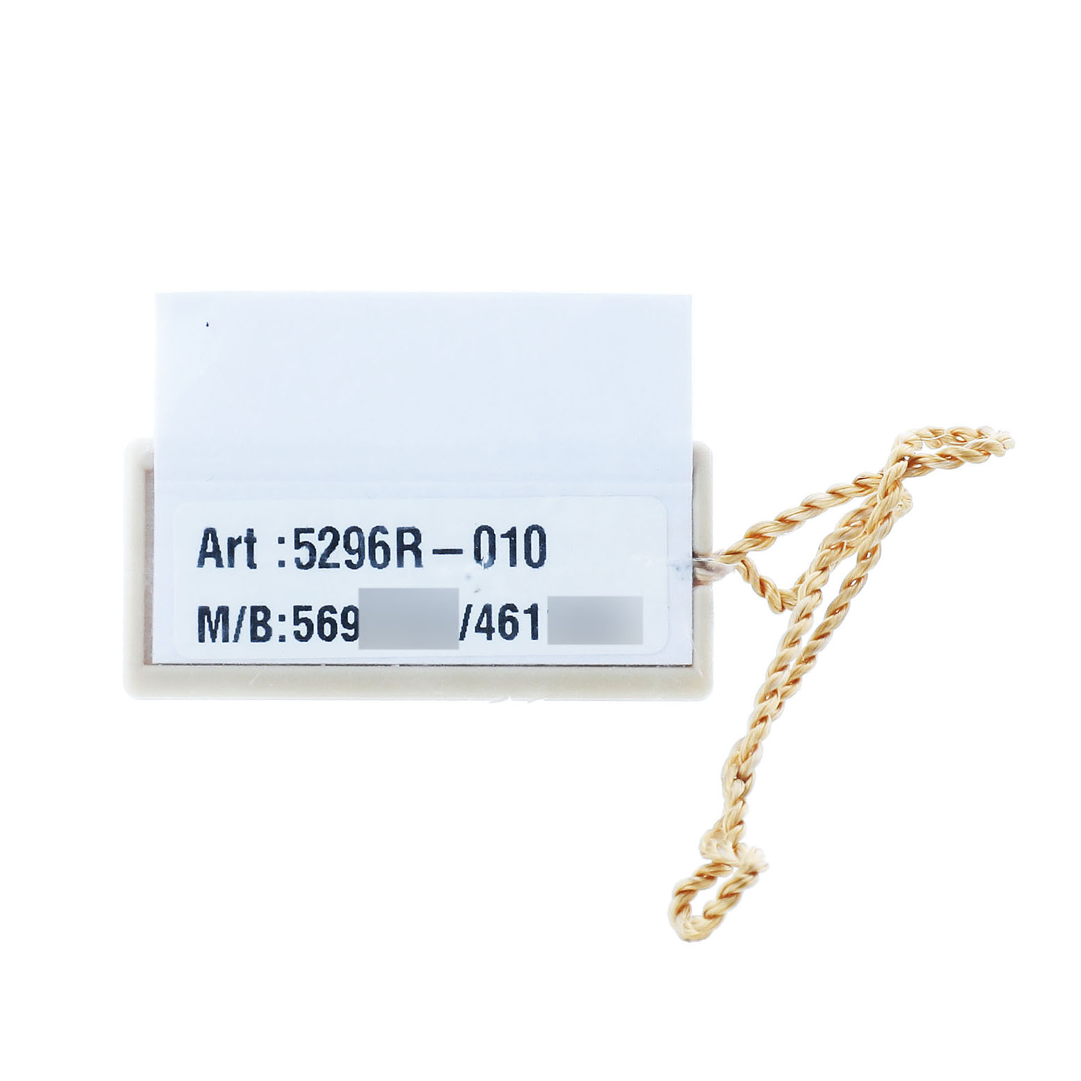 The image shows a tag with details for the Patek Philippe Calatrava 5296R-010 Men's Rose Gold Silver Dial model 5296R-010, featuring a reference number and a cord.