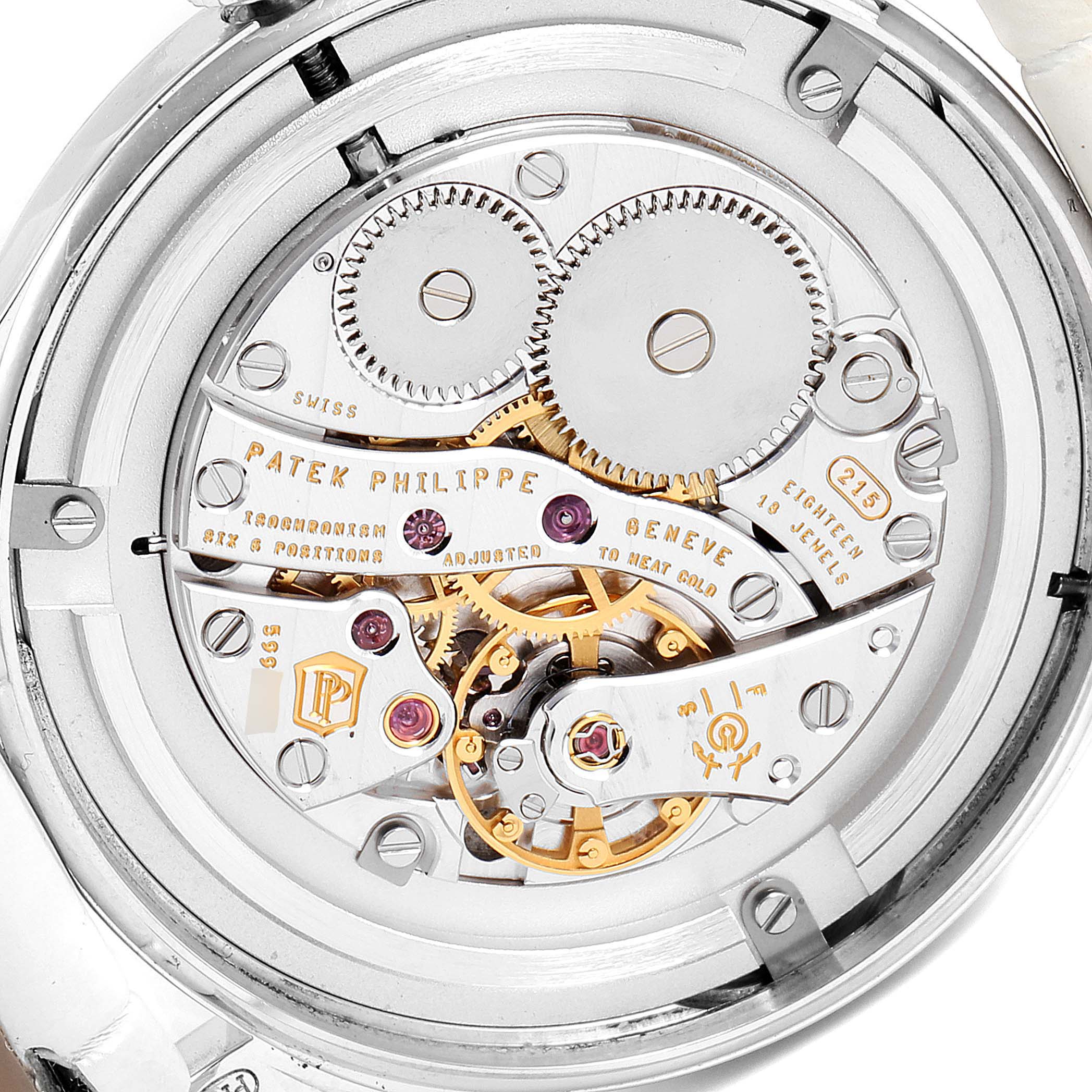 This image shows the back view of a Patek Philippe Calatrava 4897G Women's White Gold Silver Dial 4897G Women's White Gold Silver Dial watch, highlighting its intricate mechanical movement.