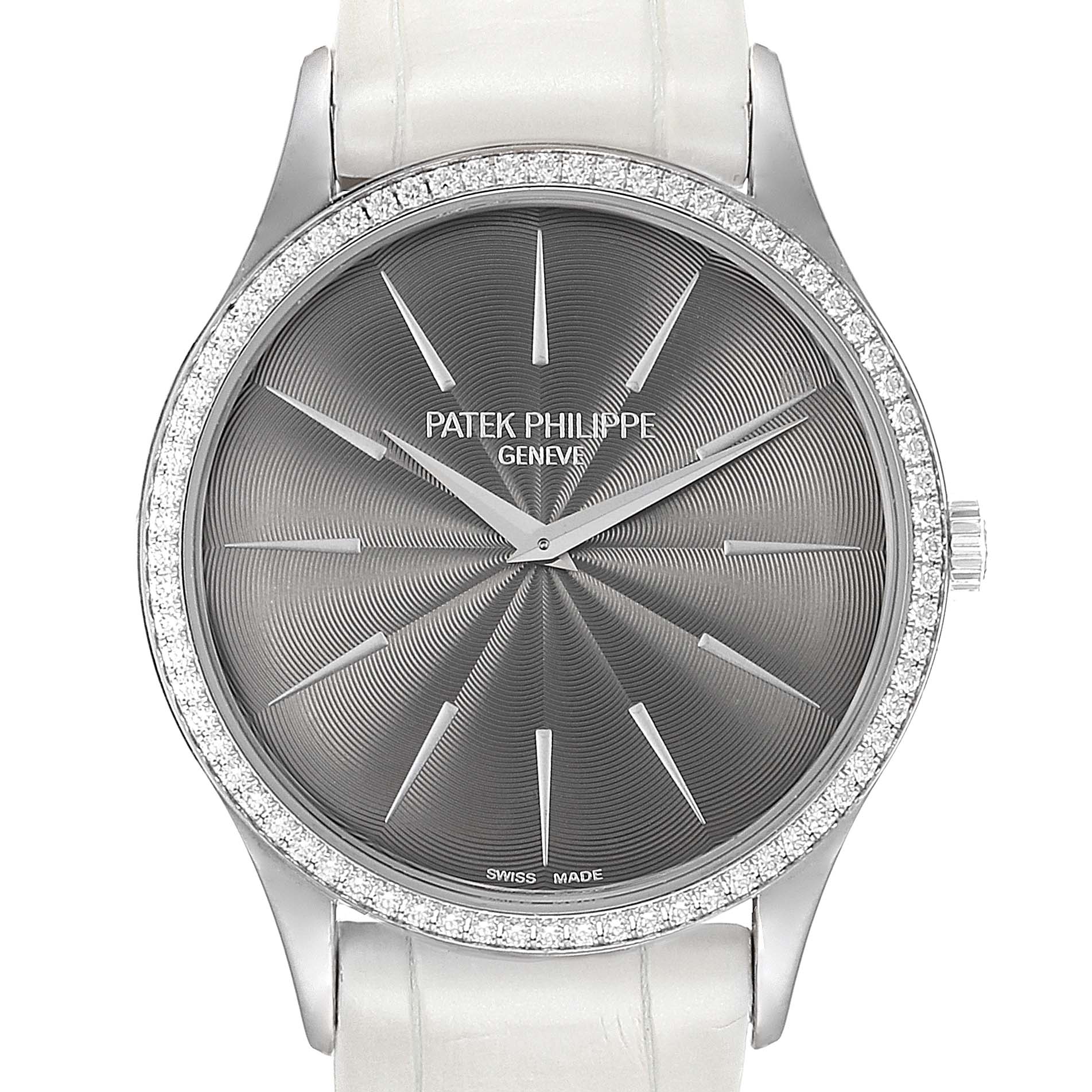 The image shows a front view of a Calatrava watch by Patek Philippe, displaying its dial, bezel, and straps.