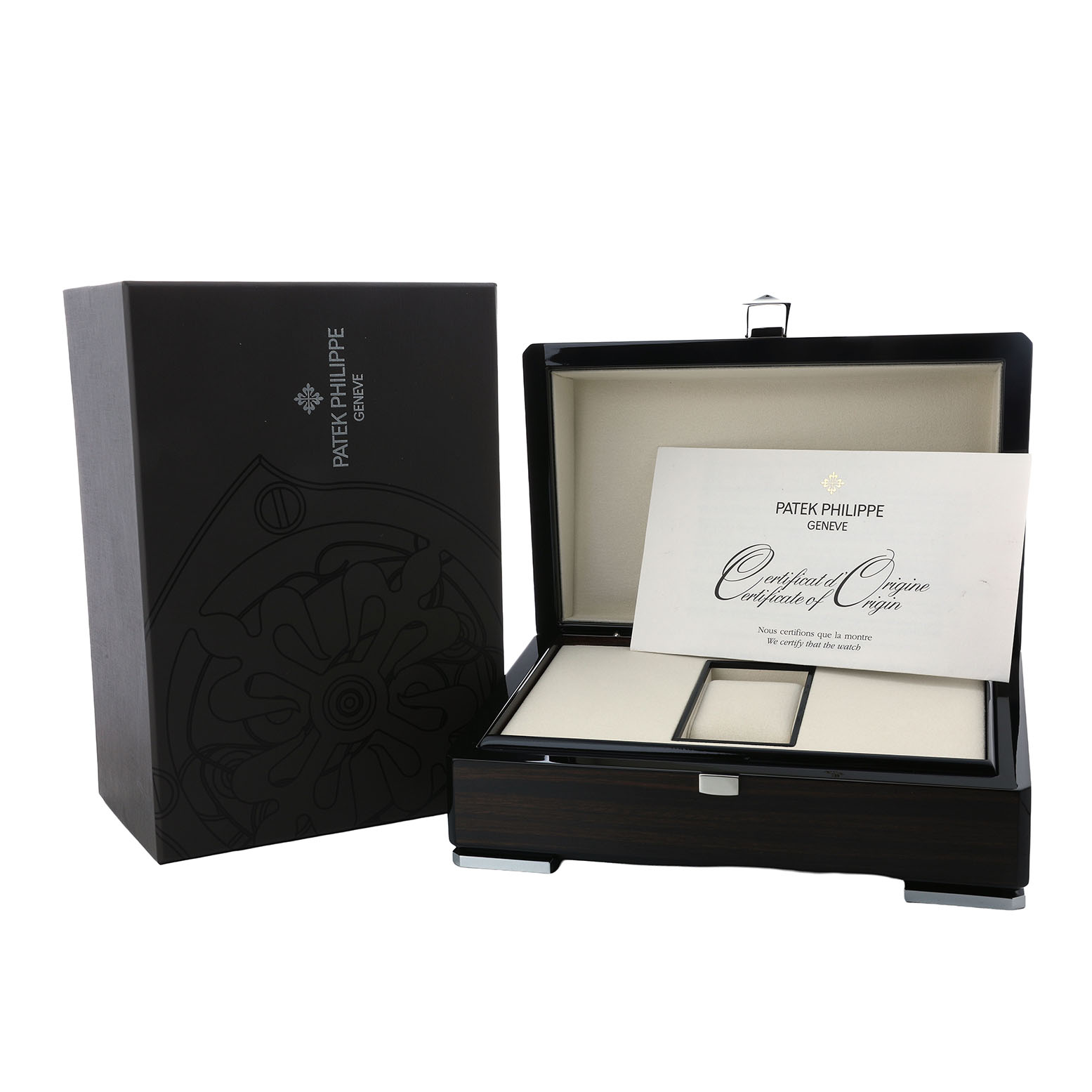 The image shows a Patek Philippe Complications 4968G-001 Women's White Gold Mother of Pearl Dial model packaging with the box open, revealing a certificate of origin.