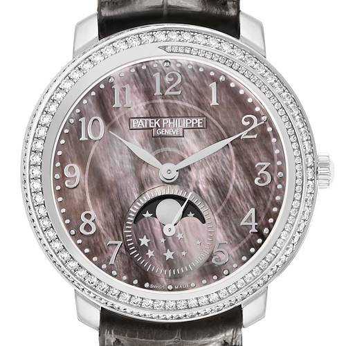 The Patek Philippe Complications 4968G-001 Women's White Gold Mother of Pearl Dial watch is shown from the front, featuring a diamond-studded bezel, moon phase, and leather strap.