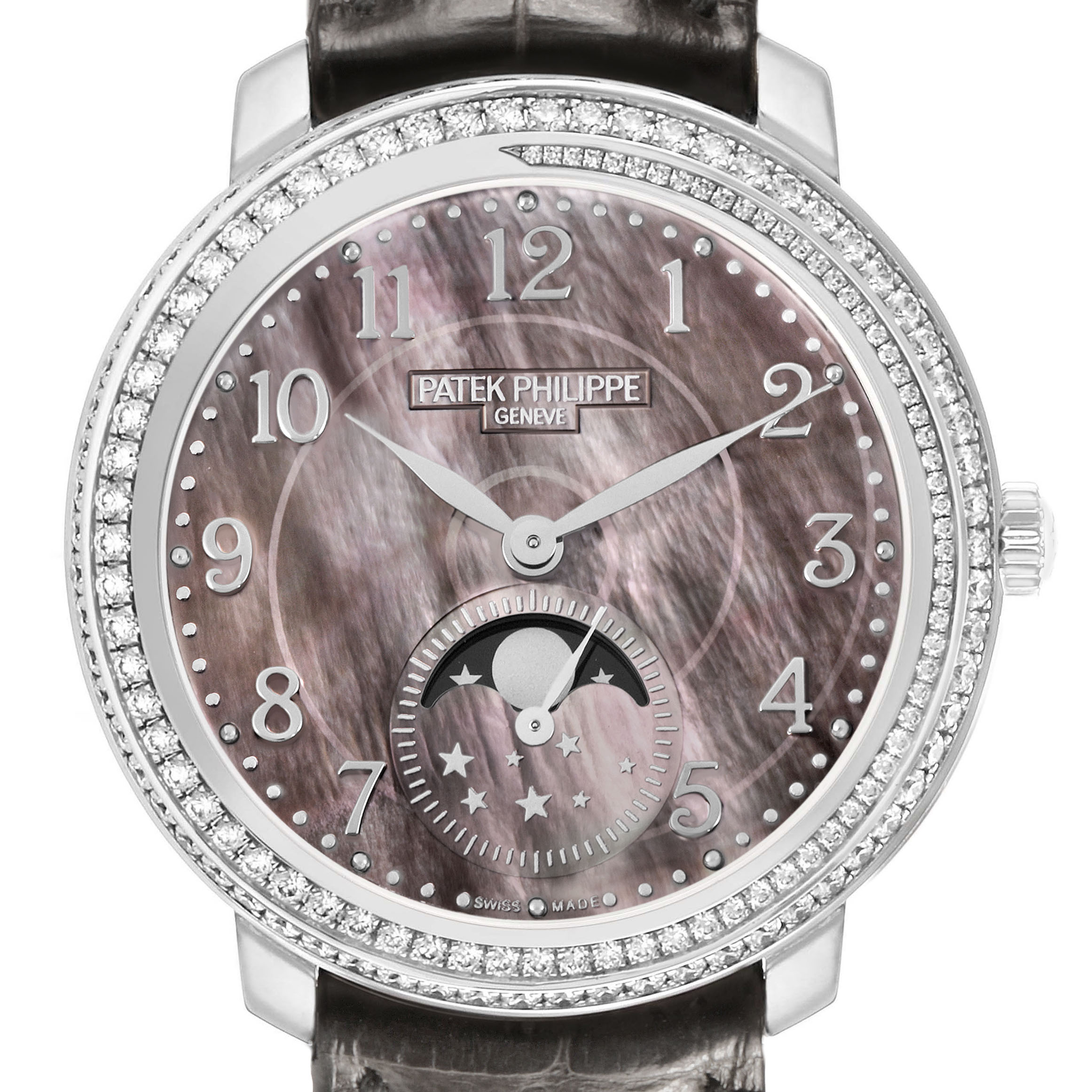 The Patek Philippe Complications 4968G-001 Women's White Gold Mother of Pearl Dial watch is shown from the front, displaying its bejeweled bezel and moon phase dial.