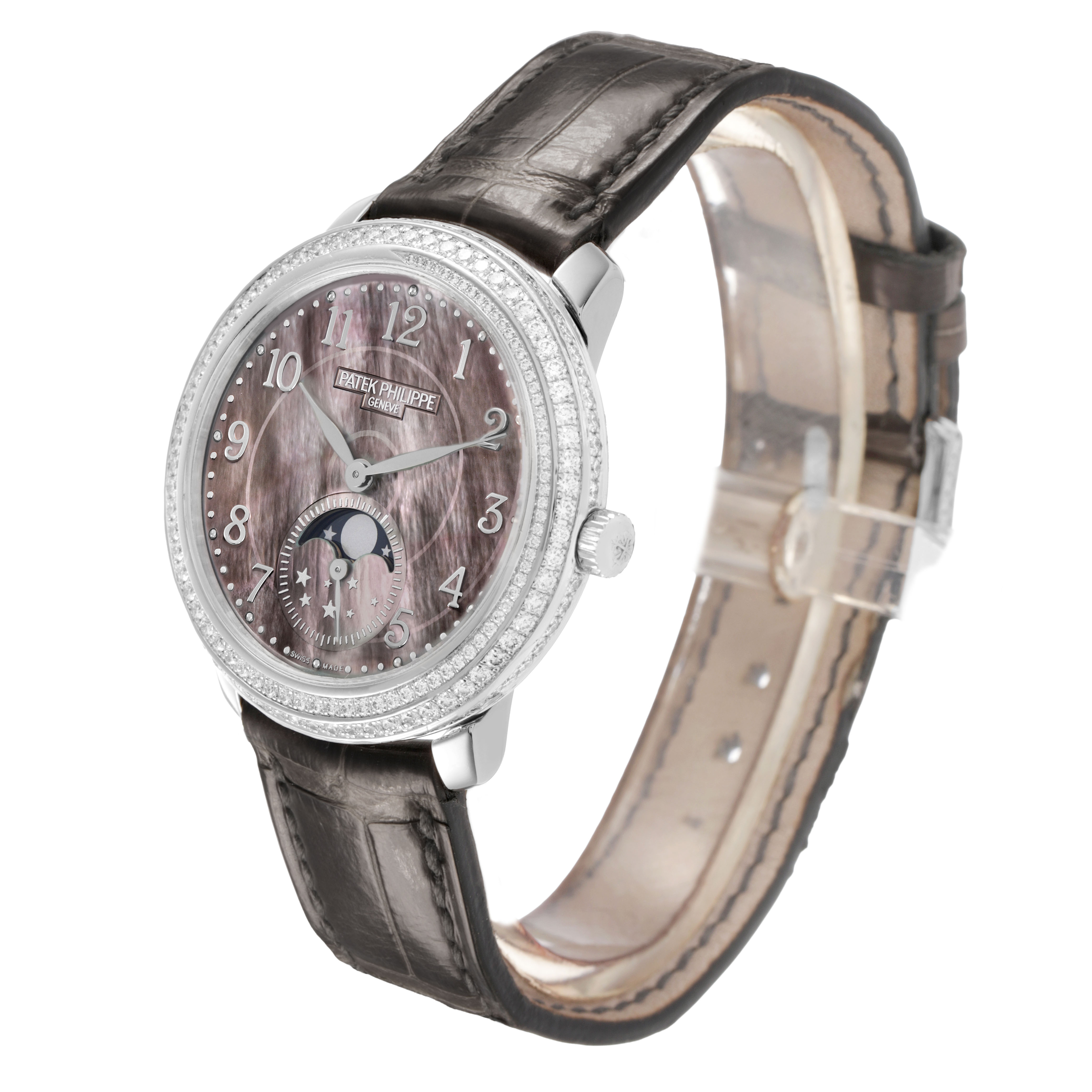The Patek Philippe Complications 4968G-001 Women's White Gold Mother of Pearl Dial watch is shown at a three-quarter angle displaying the face, bezel, and band.