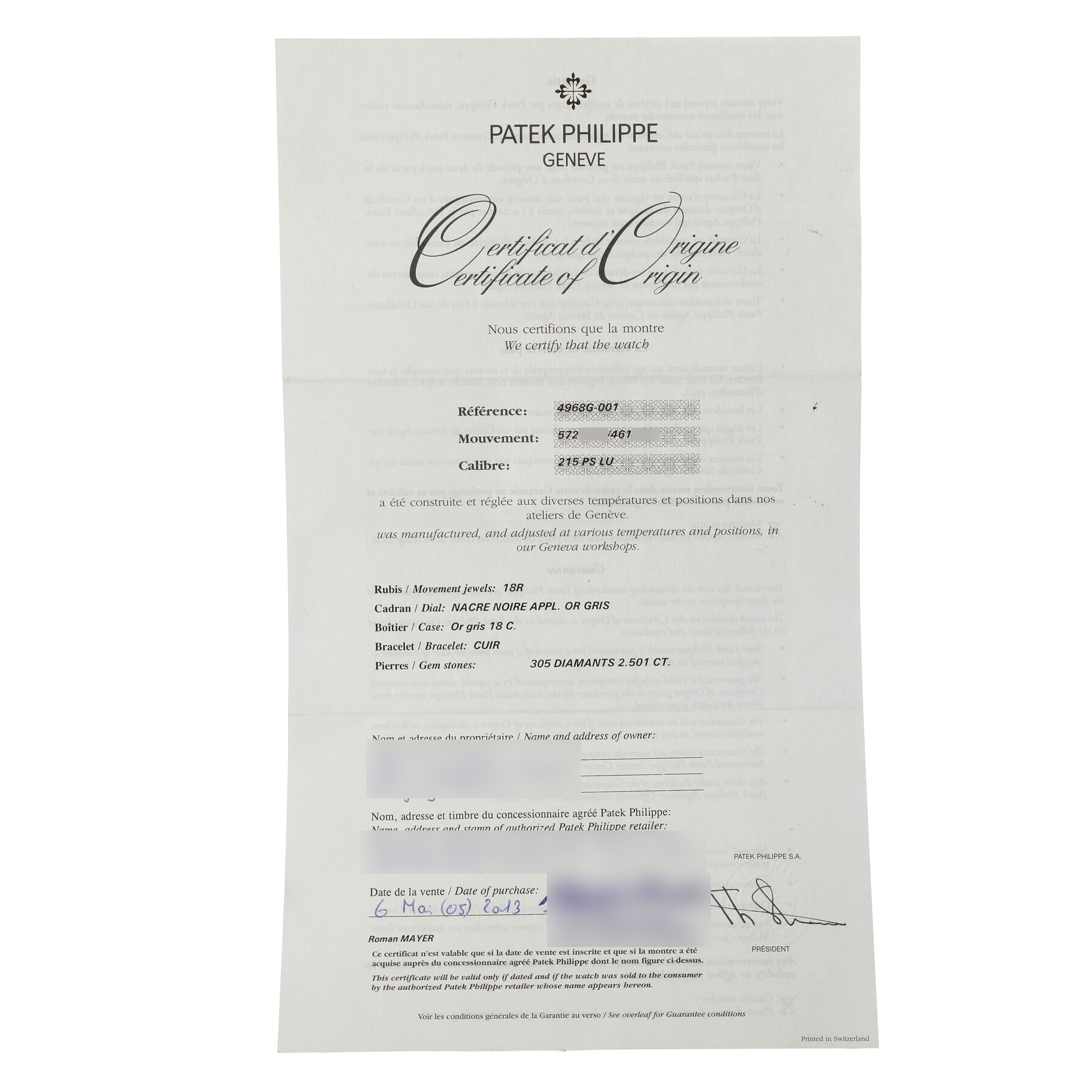 The image shows a certificate of origin for a Patek Philippe Complications 4968G-001 Women's White Gold Mother of Pearl Dial model, viewed flat and fully visible.