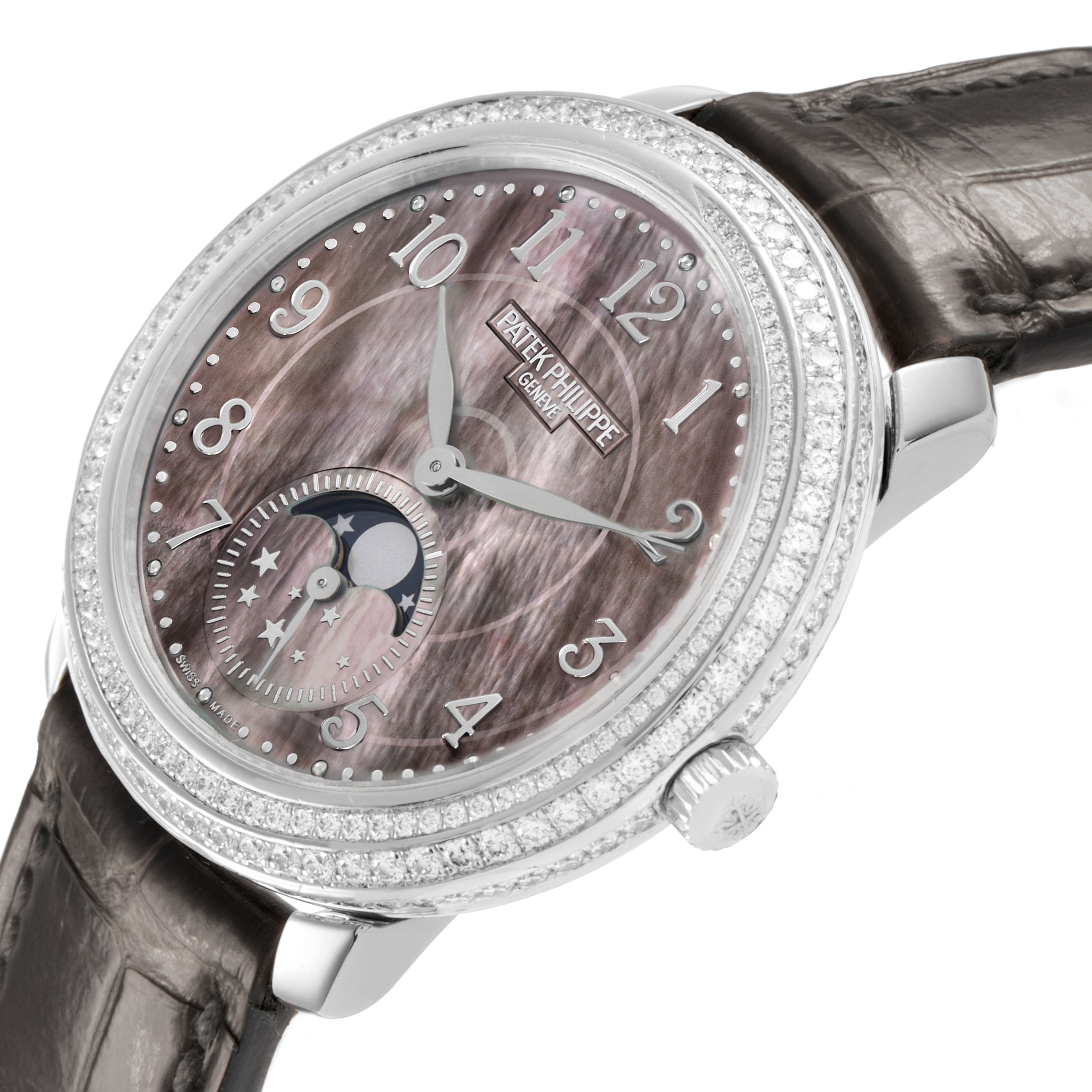 The Patek Philippe Complications 4968G-001 Women's White Gold Mother of Pearl Dial watch shows a detailed angled view of the face, bezel, and part of the strap.