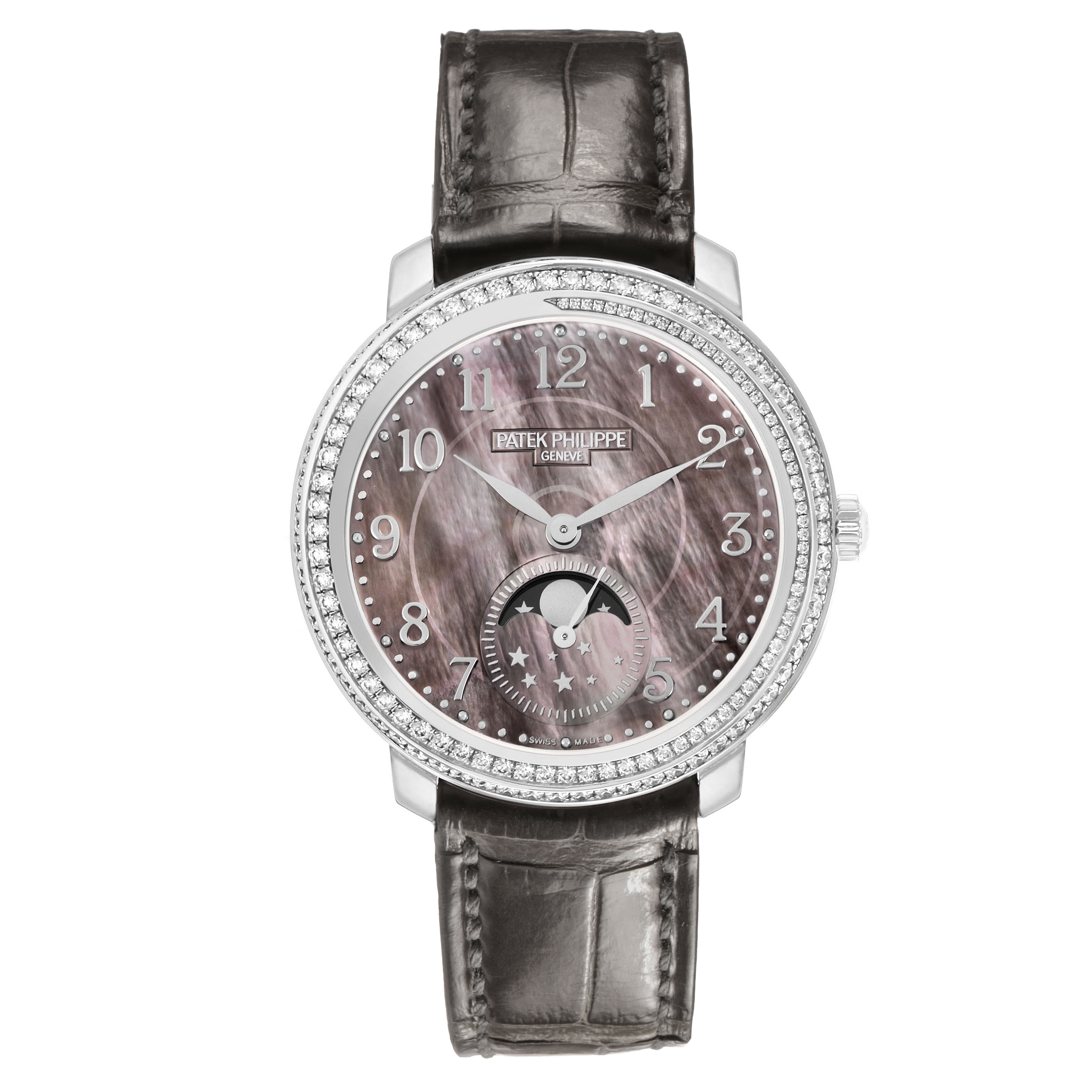 The Patek Philippe Complications 4968G-001 Women's White Gold Mother of Pearl Dial model watch is shown from the front, displaying its dial, bezel, and leather strap.