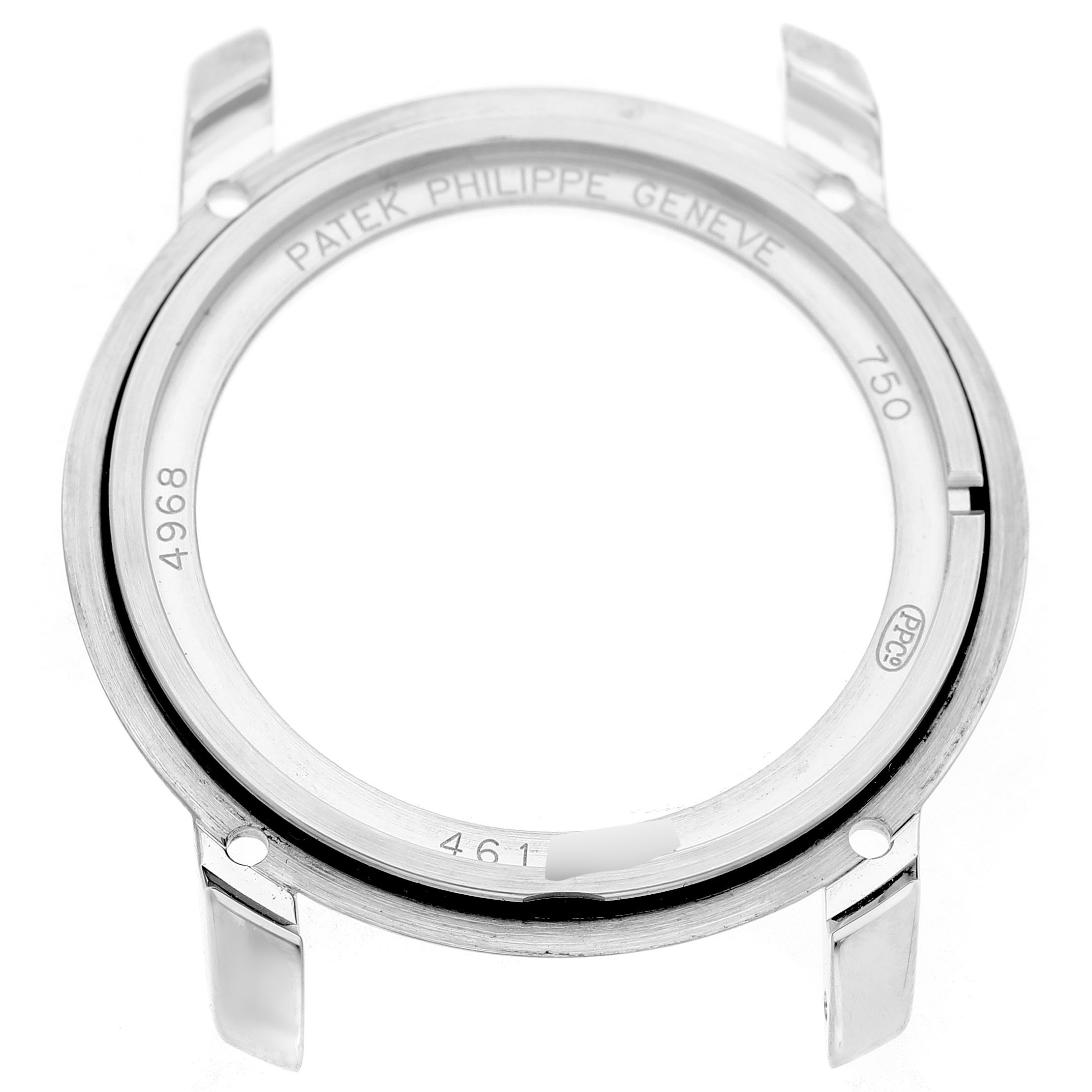 The image shows a top view of a Patek Philippe Complications 4968G-001 Women's White Gold Mother of Pearl Dial model case ring.