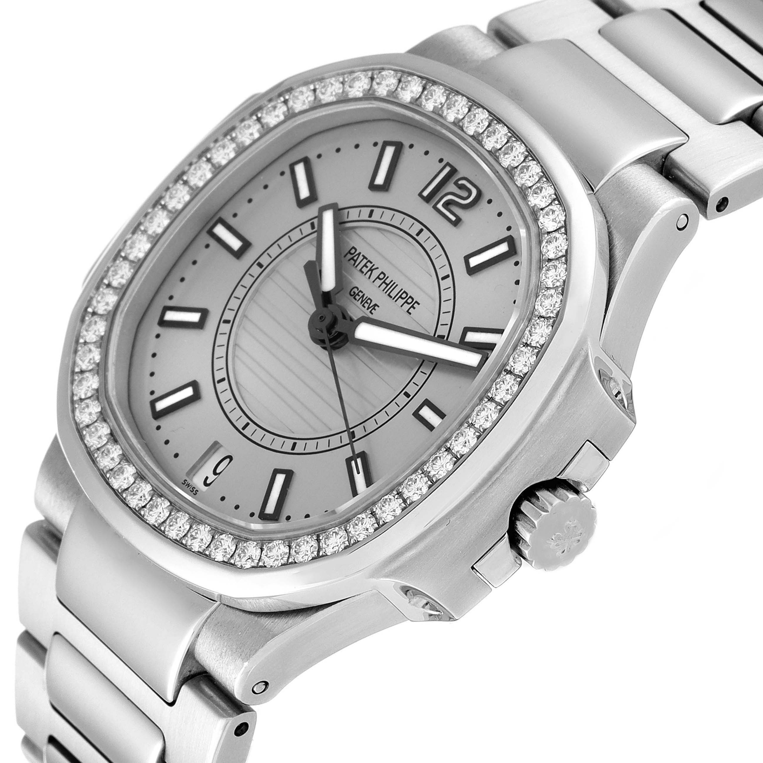 The Patek Philippe Nautilus 7008A Women
s Stainless Steel Silver Dial watch is shown at a side angle, highlighting its face, diamond bezel, and part of the bracelet.