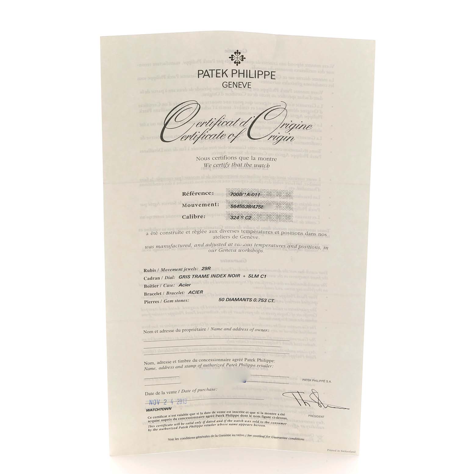 The image shows a Patek Philippe Nautilus 7008A Women
s Stainless Steel Silver Dial Certificate of Origin, detailing the watch
s specifications.