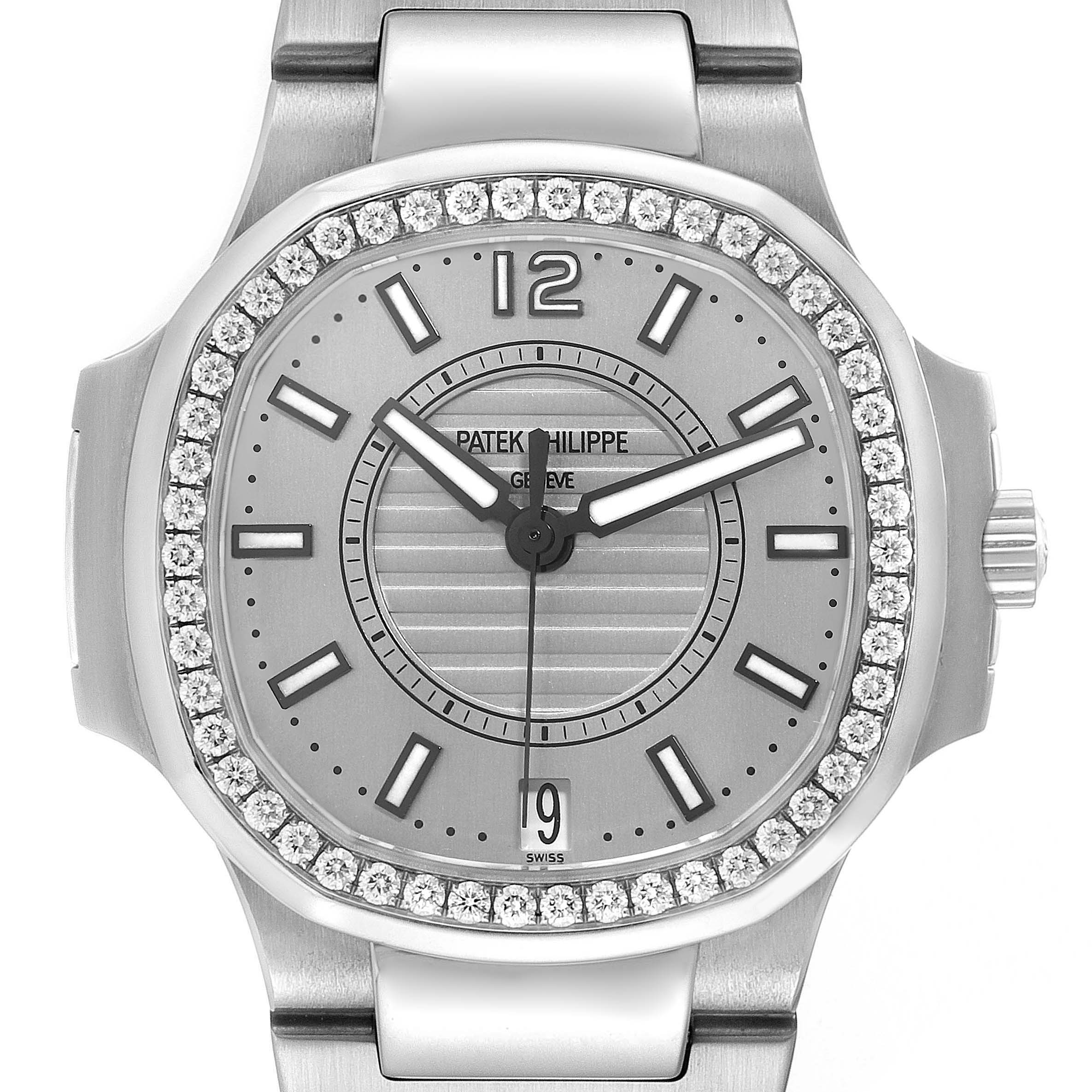 The Patek Philippe Nautilus 7008A Women
s Stainless Steel Silver Dial watch is shown from the front, displaying the dial, bezel with diamonds, and part of the bracelet.