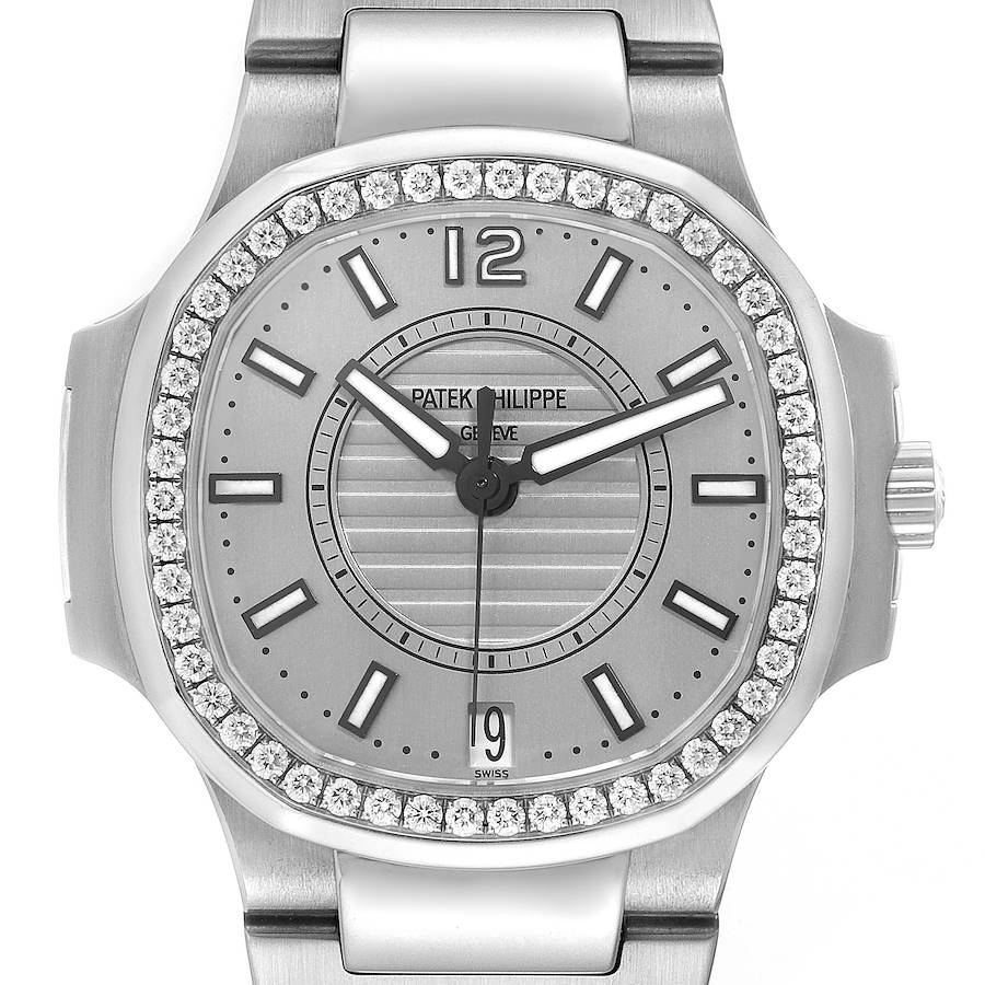 The Patek Philippe Nautilus 7008A Women's Stainless Steel Silver Dial watch is shown from the front, displaying the dial, bezel with diamonds, and part of the bracelet.