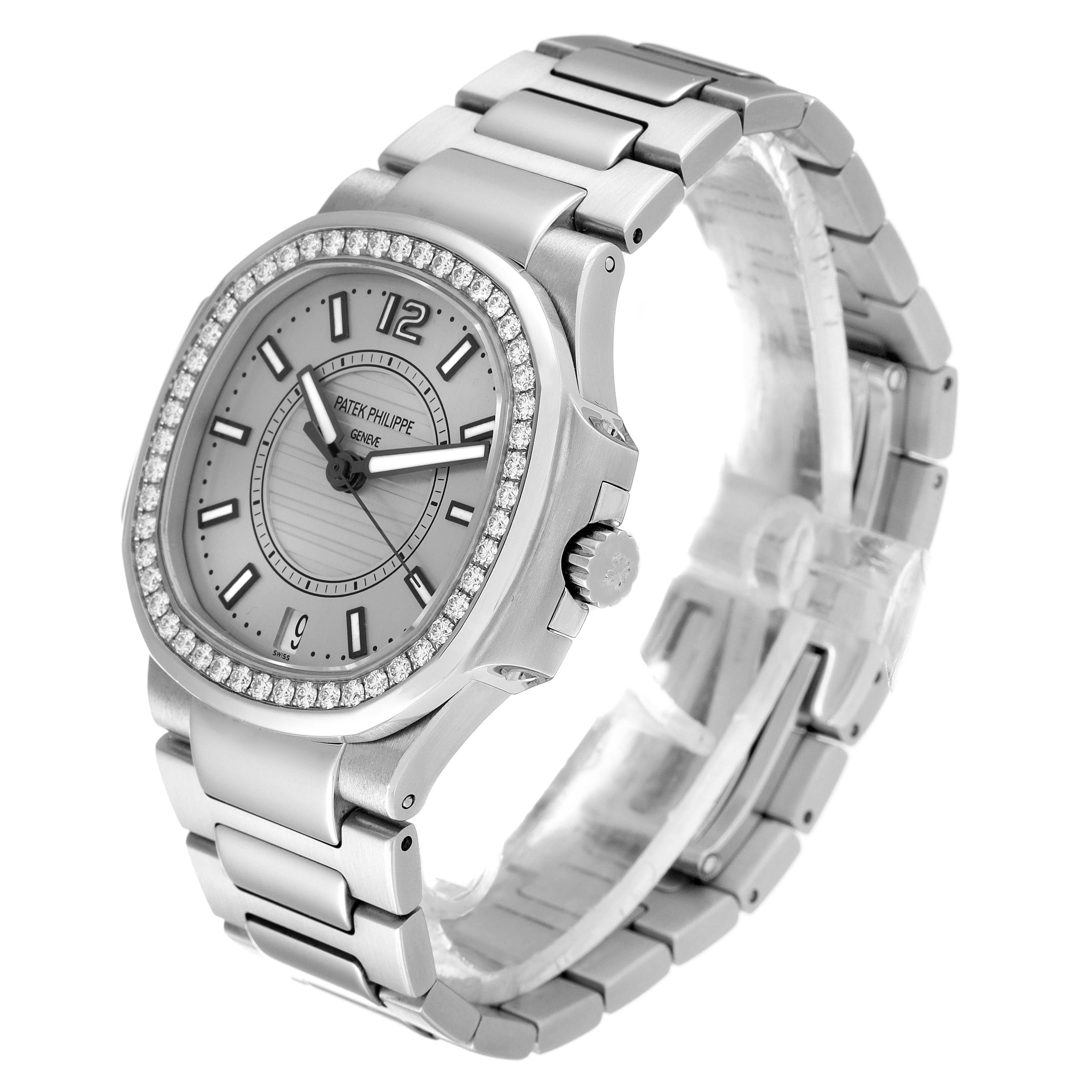 The Patek Philippe Nautilus 7008A Women
s Stainless Steel Silver Dial watch is shown at a three-quarter angle, displaying the face, bezel with diamonds, and bracelet.