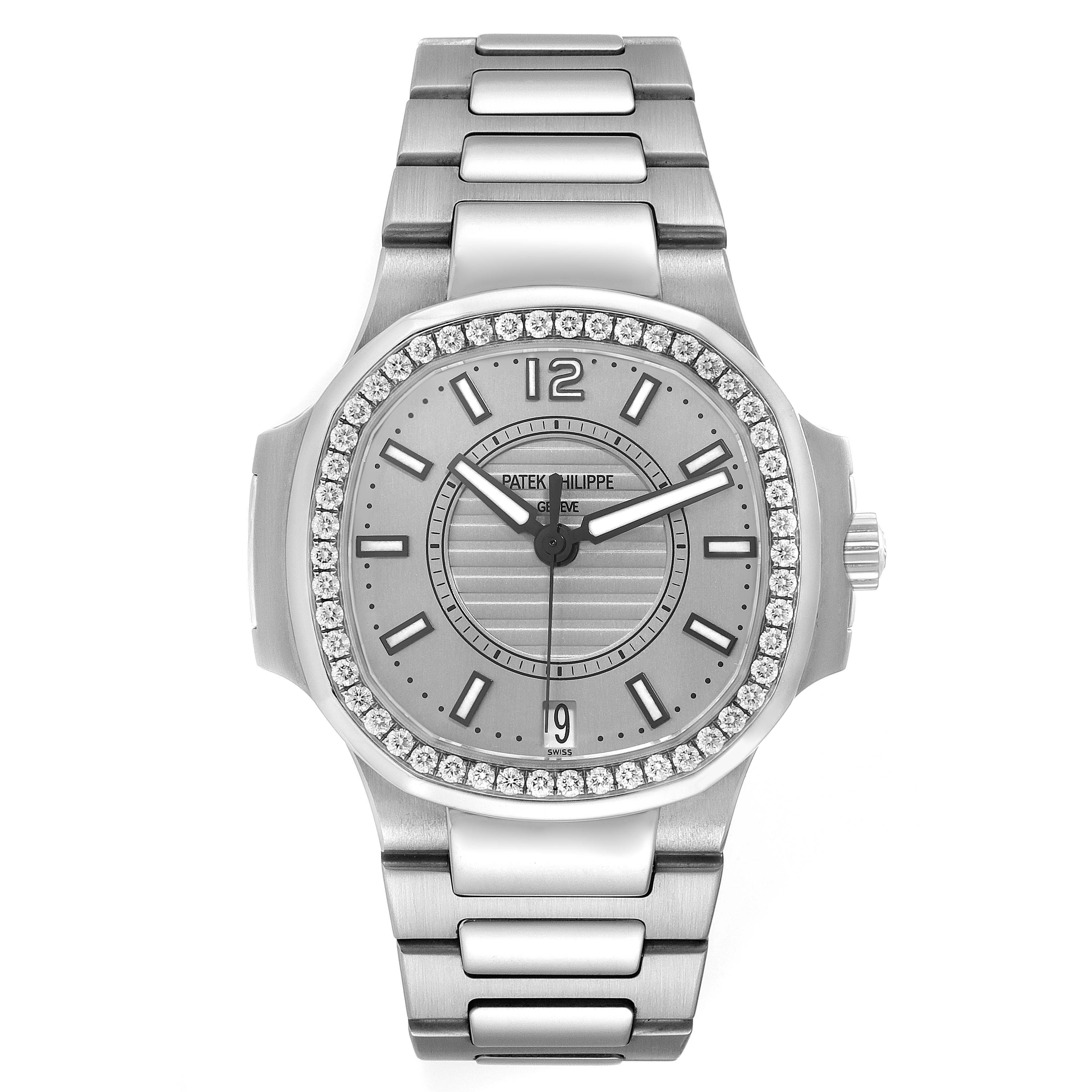 The Patek Philippe Nautilus 7008A Women
s Stainless Steel Silver Dial watch is shown from the front, displaying its dial, diamond-set bezel, and metal bracelet.