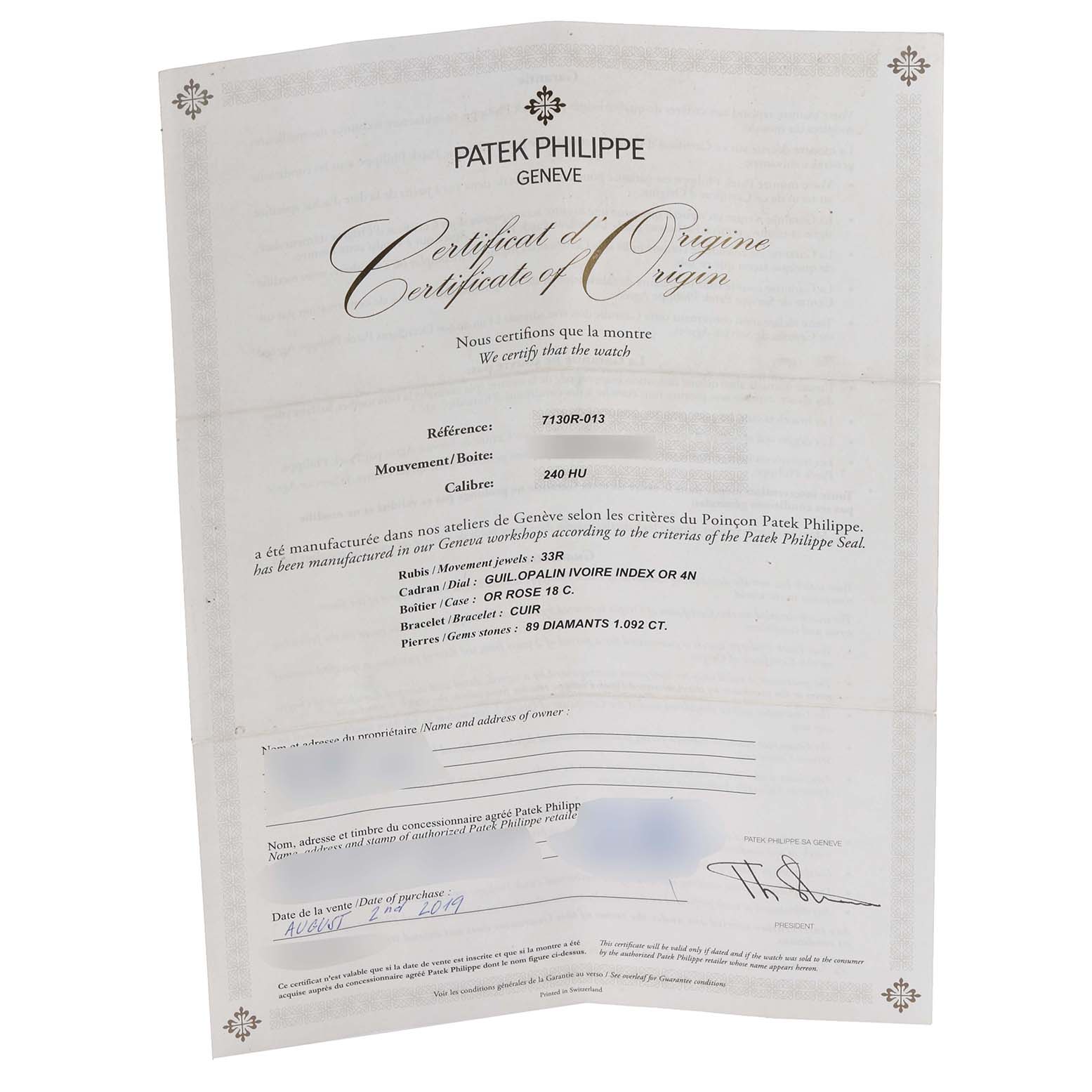 The image shows a Patek Philippe Complications 7130R-013 Men's Rose Gold Silver Dial model certificate viewed from the front, detailing specifications and purchase information.