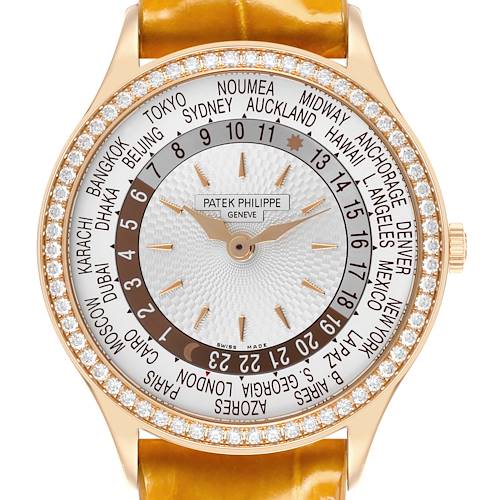 The Patek Philippe Complications 7130R-013 Men's Rose Gold Silver Dial model is shown from a top view, highlighting the dial, bezel, and leather strap.