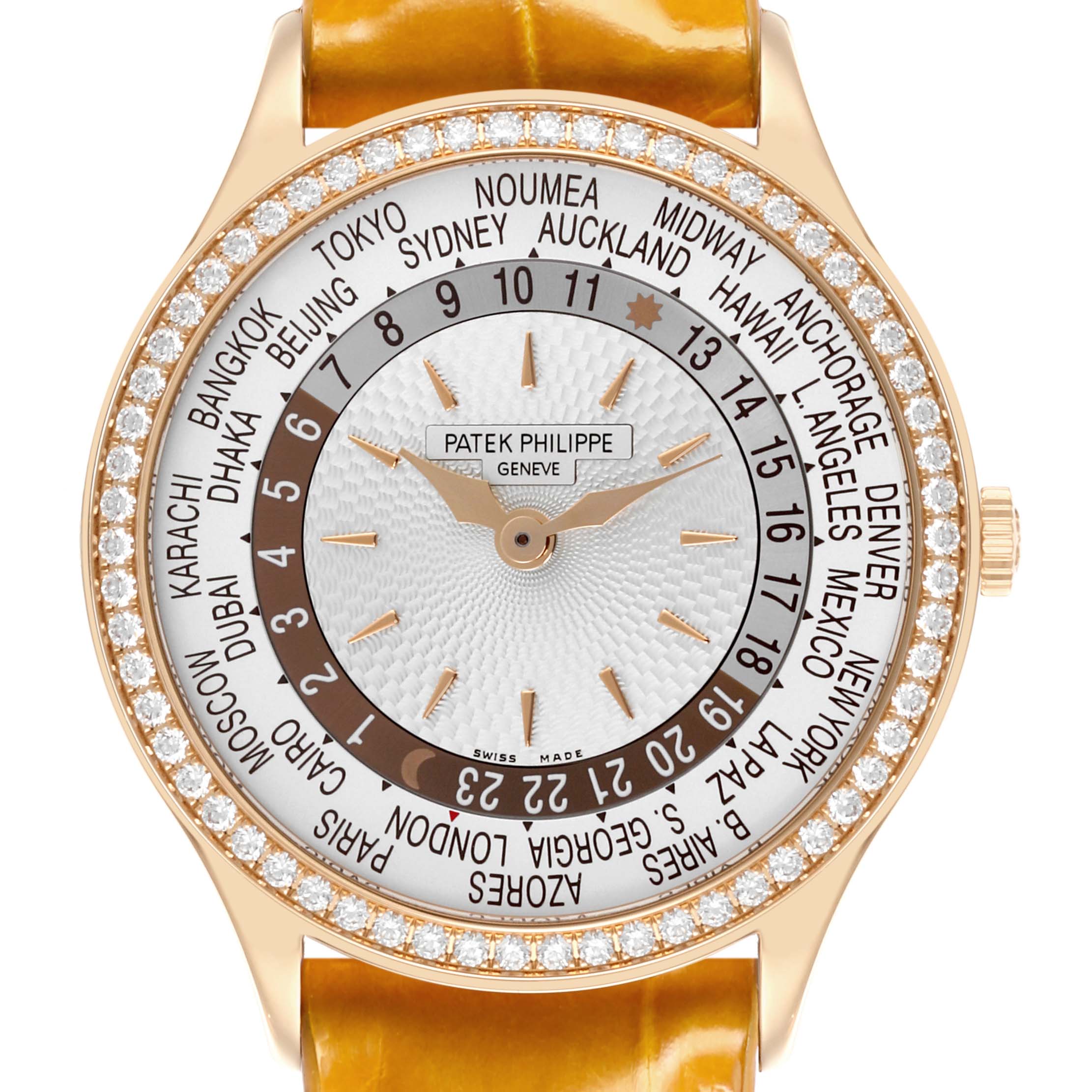 The image shows a front view of the Patek Philippe Complications 7130R-013 Men's Rose Gold Silver Dial watch, highlighting the dial with world time cities and diamond bezel.