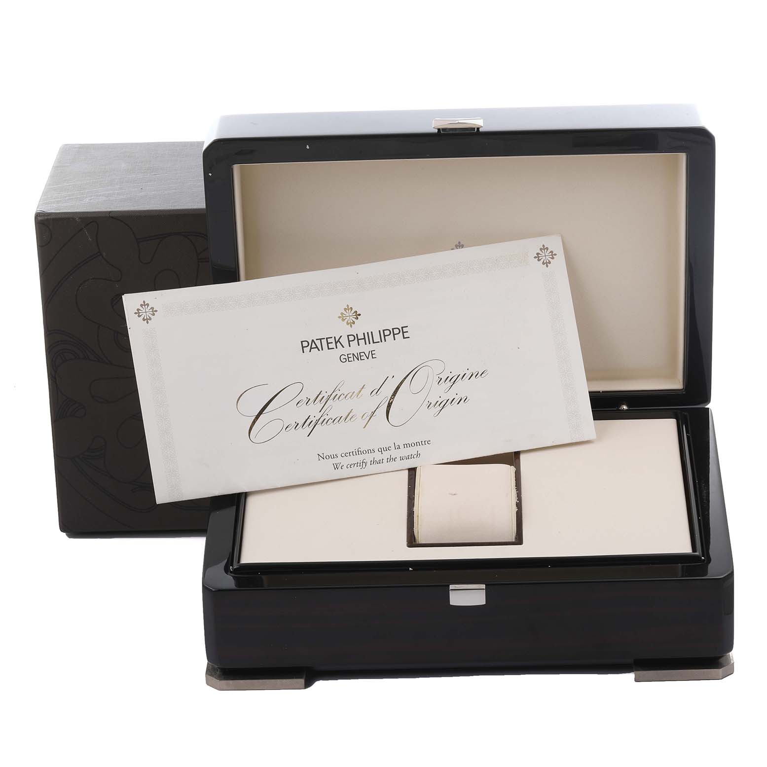 The image shows the Patek Philippe Complications 7130R-013 Men's Rose Gold Silver Dial watch box with its Certificate of Origin on display.