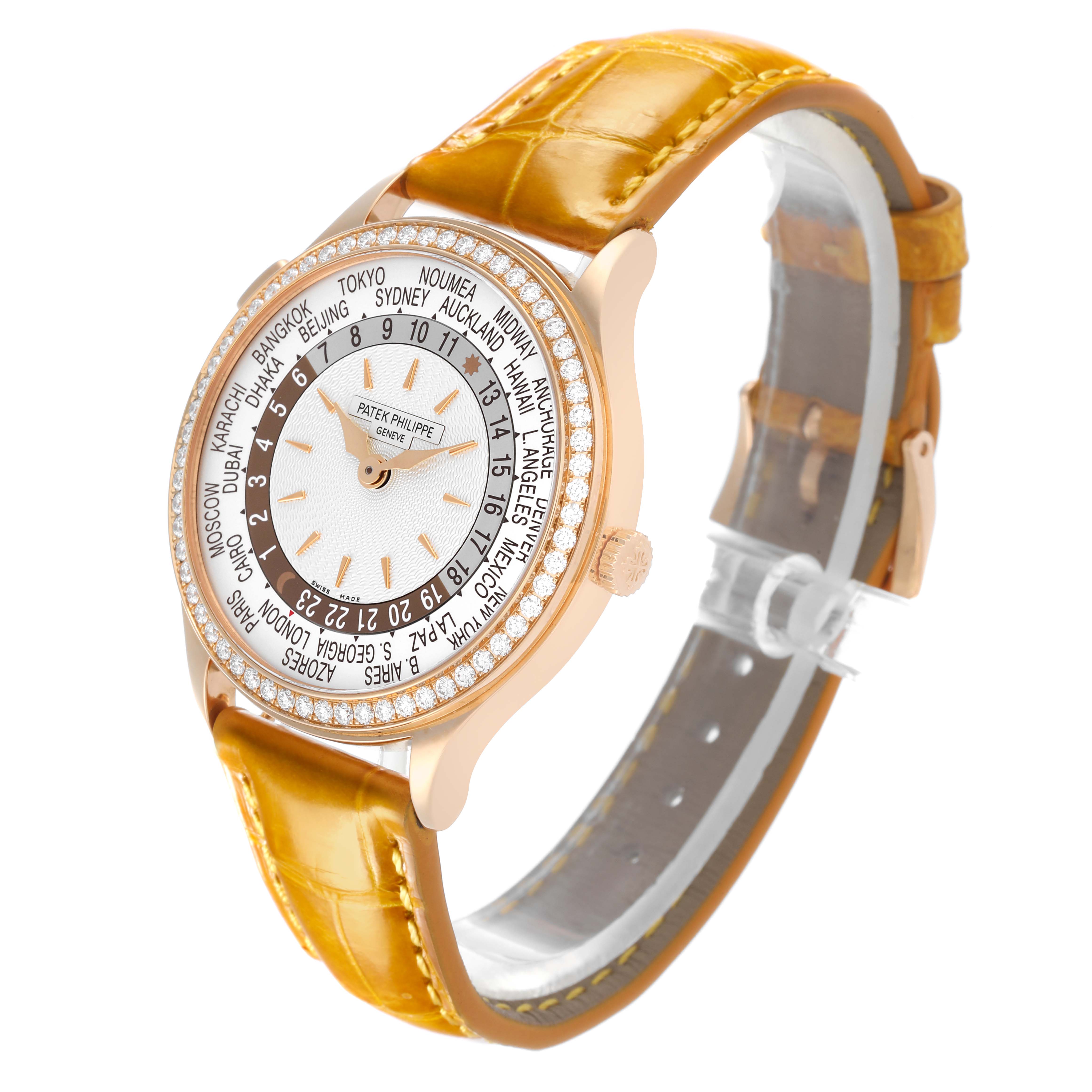 The Patek Philippe Complications 7130R-013 Men's Rose Gold Silver Dial watch is shown at a three-quarter angle, highlighting the dial, bezel, and leather strap.