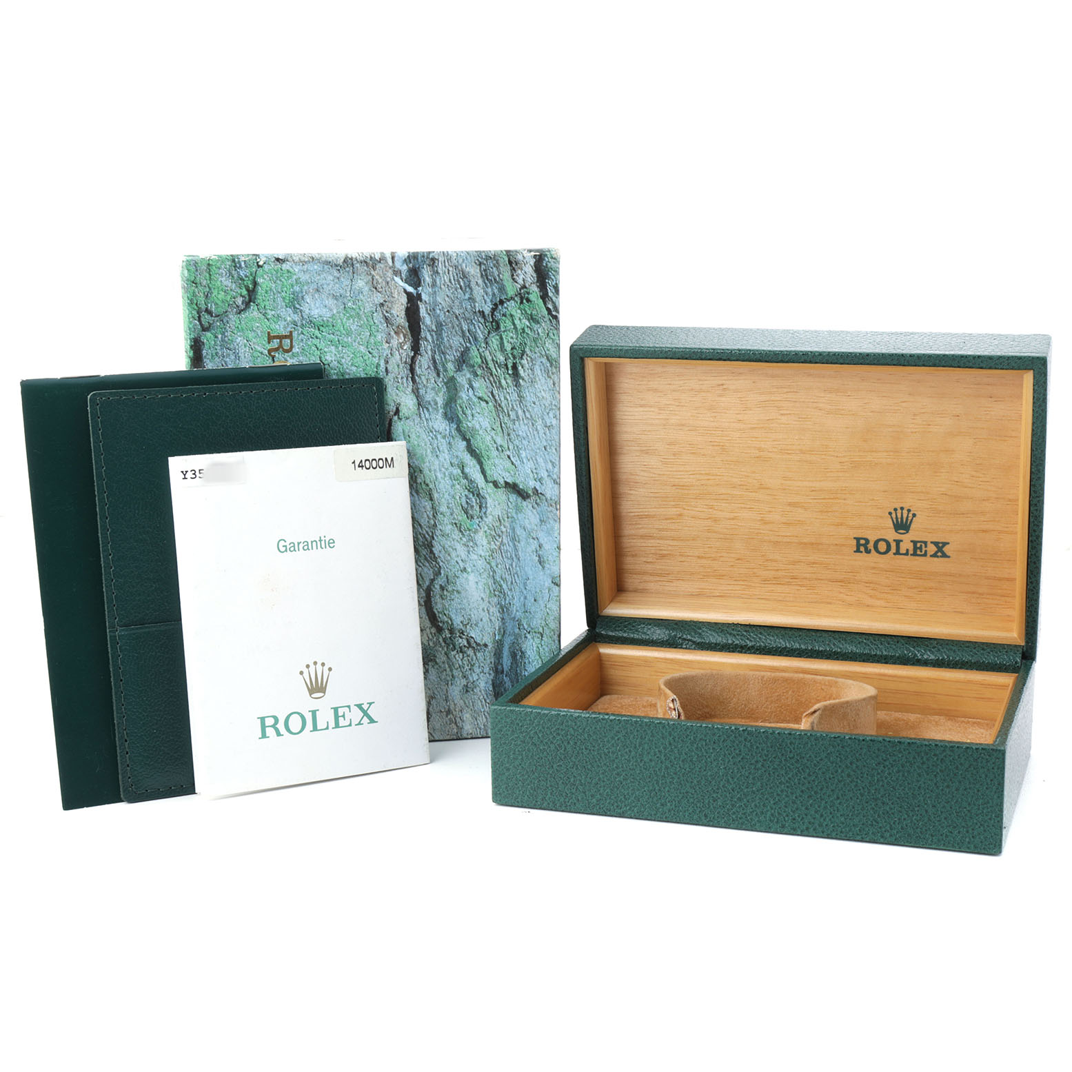 The image shows the Rolex Air-King 14000M Men's Stainless Steel White Dial box with warranty documents and a green outer cover from a front angle.