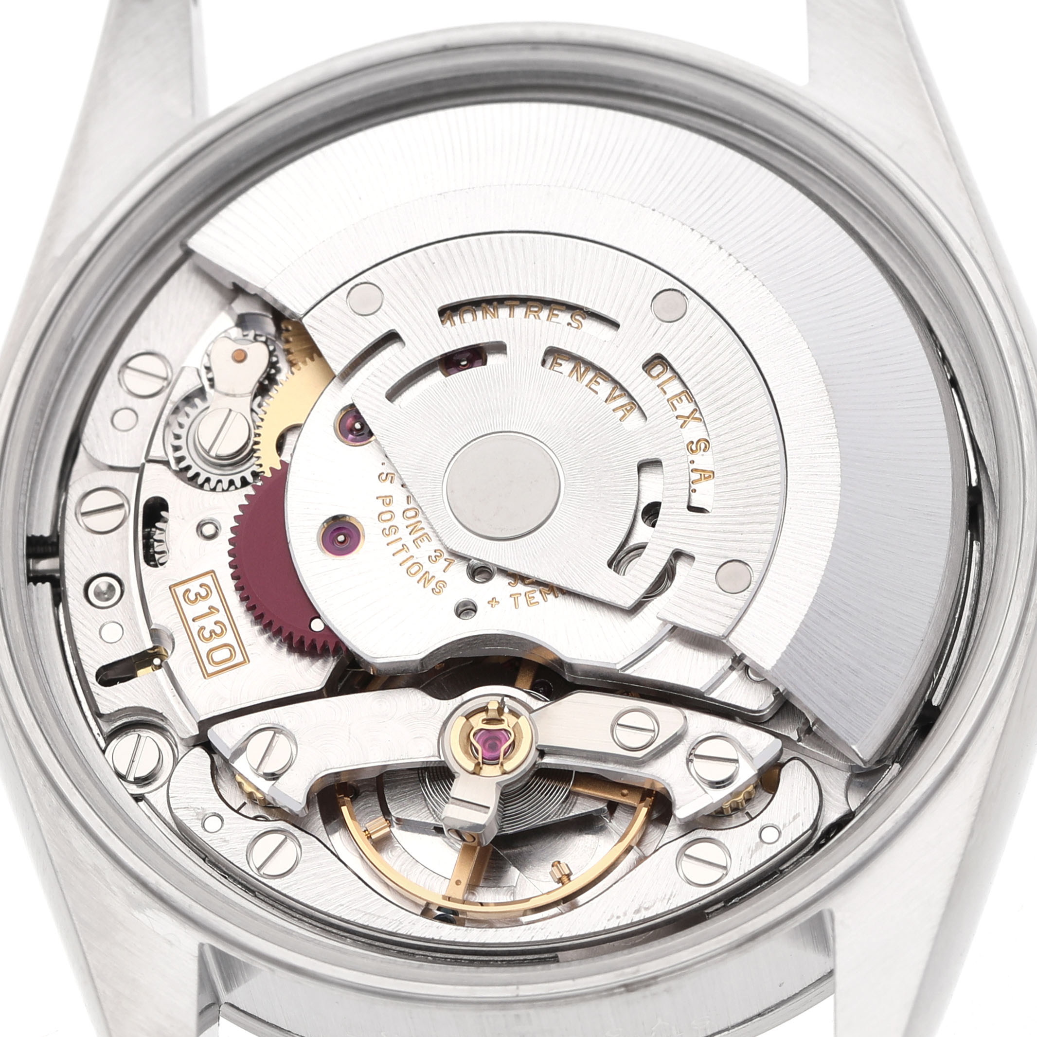 The image shows the movement of a Rolex Air-King 14000M Men's Stainless Steel White Dial watch, viewed from the back, highlighting the rotor and gears.