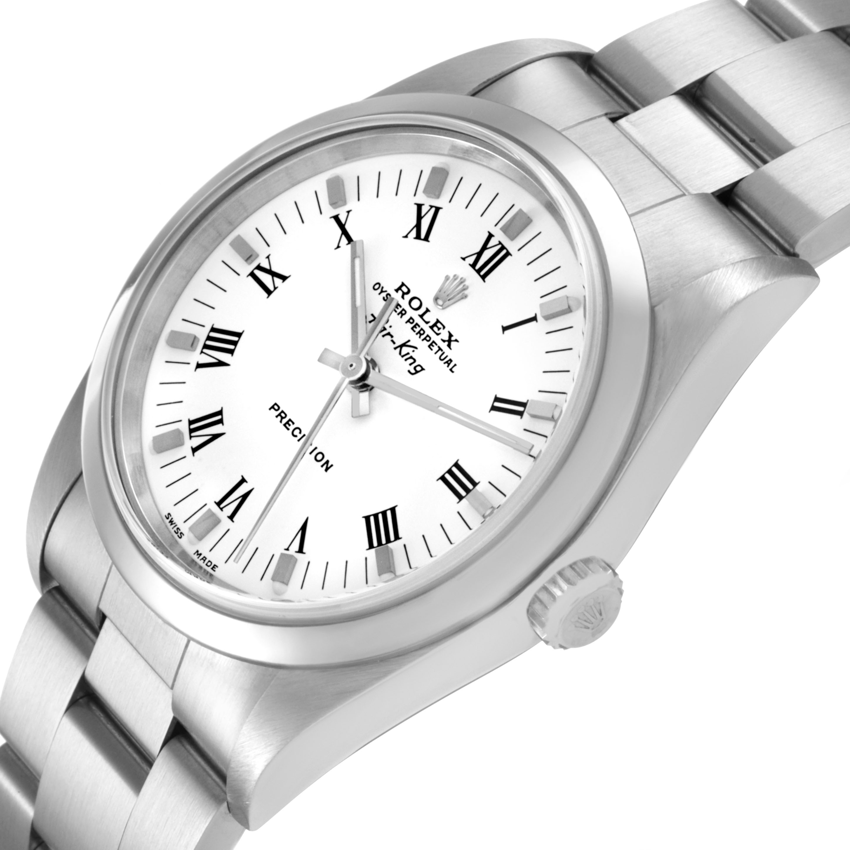 The Rolex Air-King 14000M Men's Stainless Steel White Dial watch is shown from an angled side view, displaying the face, bezel, and portion of the bracelet.