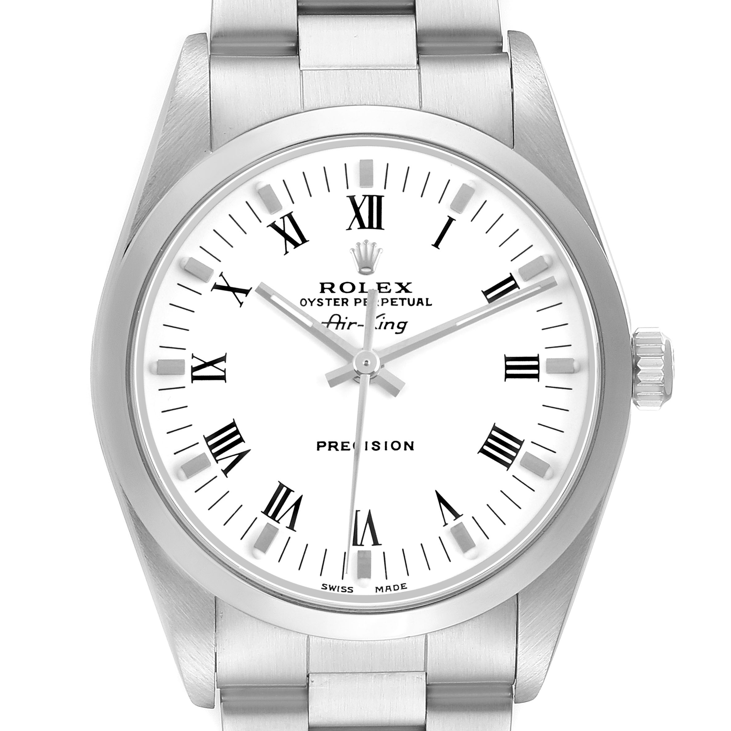 The Rolex Air-King 14000M Men's Stainless Steel White Dial watch is shown from a straight-on angle, displaying the dial, bezel, crown, and part of the bracelet.