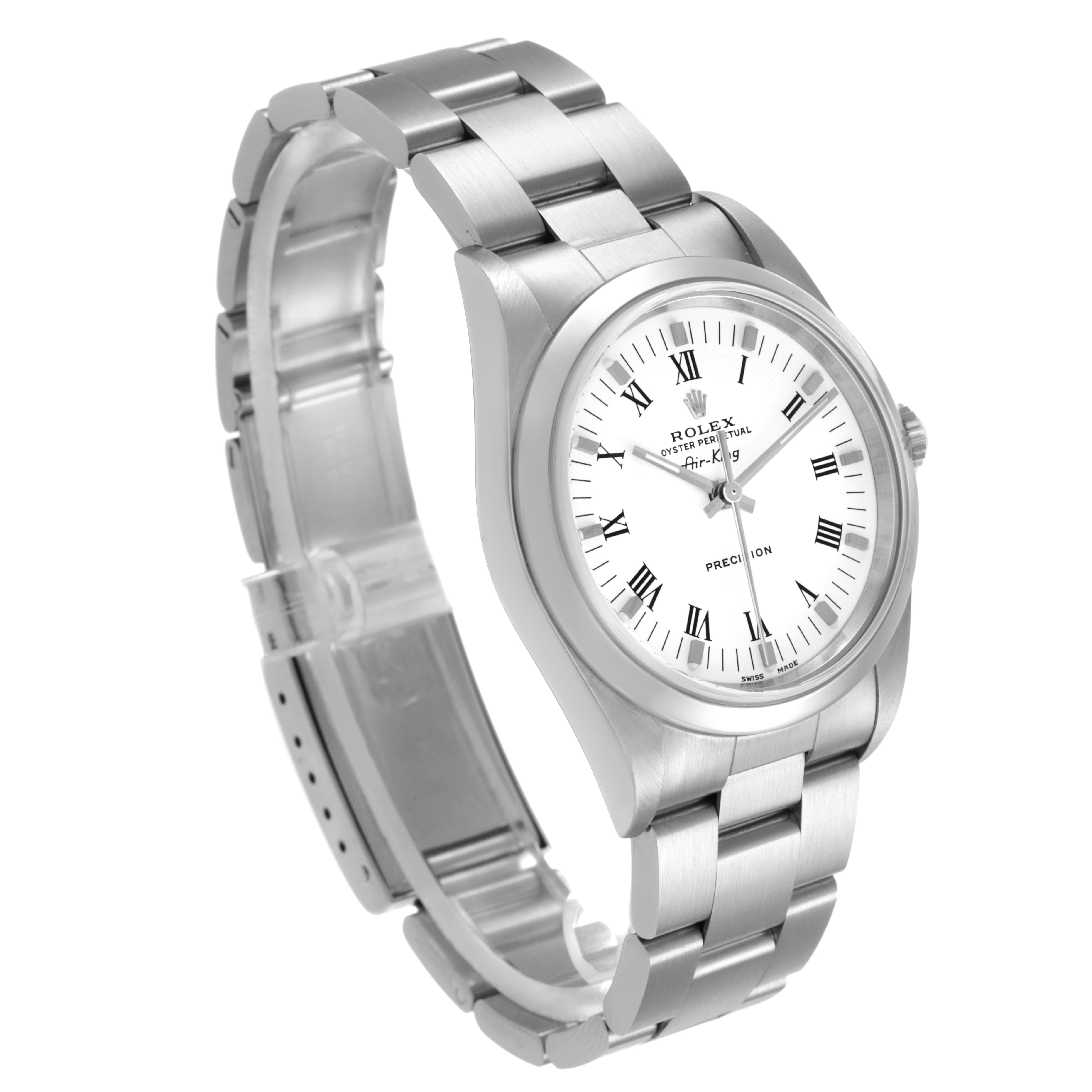 The Rolex Air-King 14000M Men's Stainless Steel White Dial watch is shown at a slight angle displaying the full face and part of the bracelet.