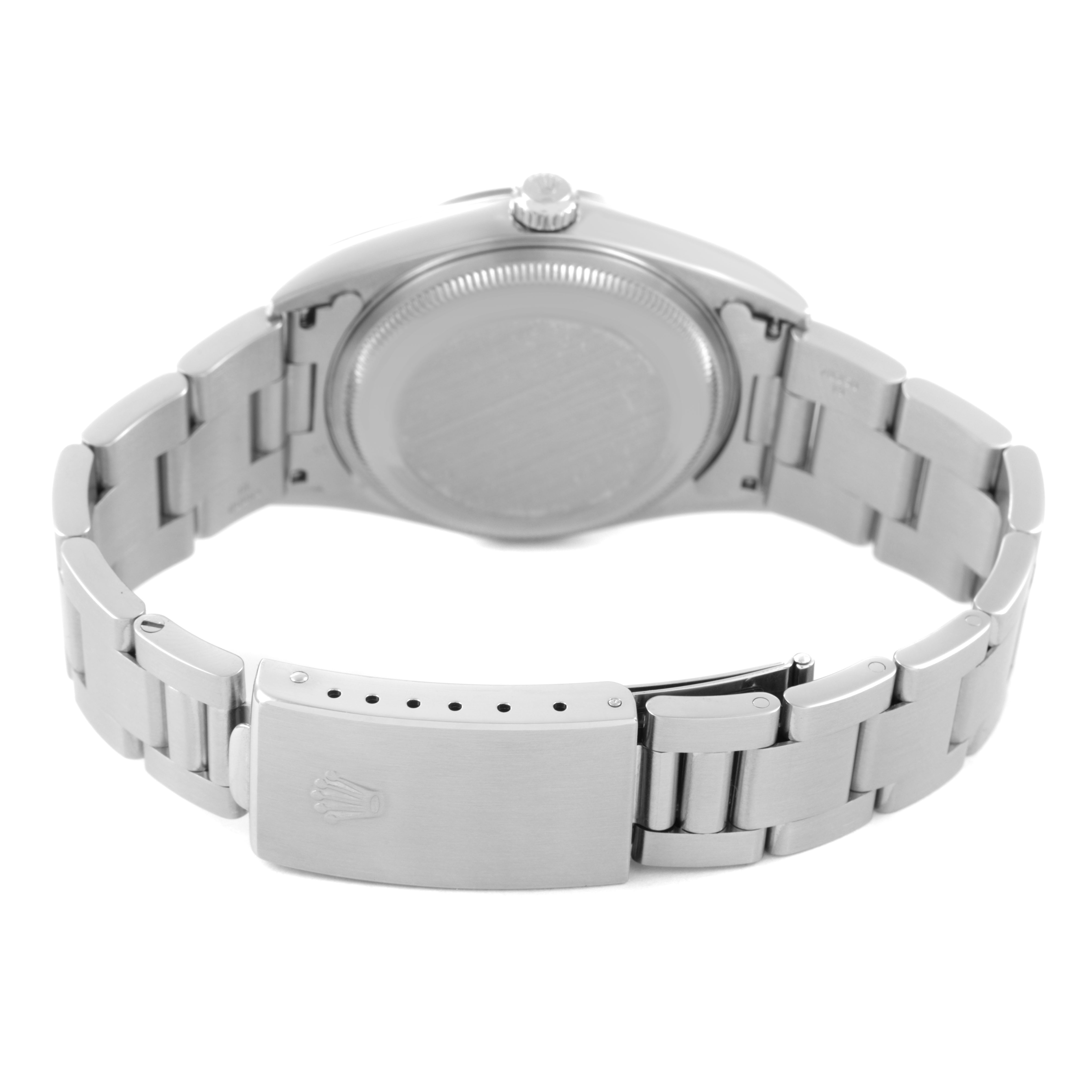 The image shows the back and bracelet of a Rolex Air-King 14000M Men's Stainless Steel White Dial watch, featuring its clasp and case back.