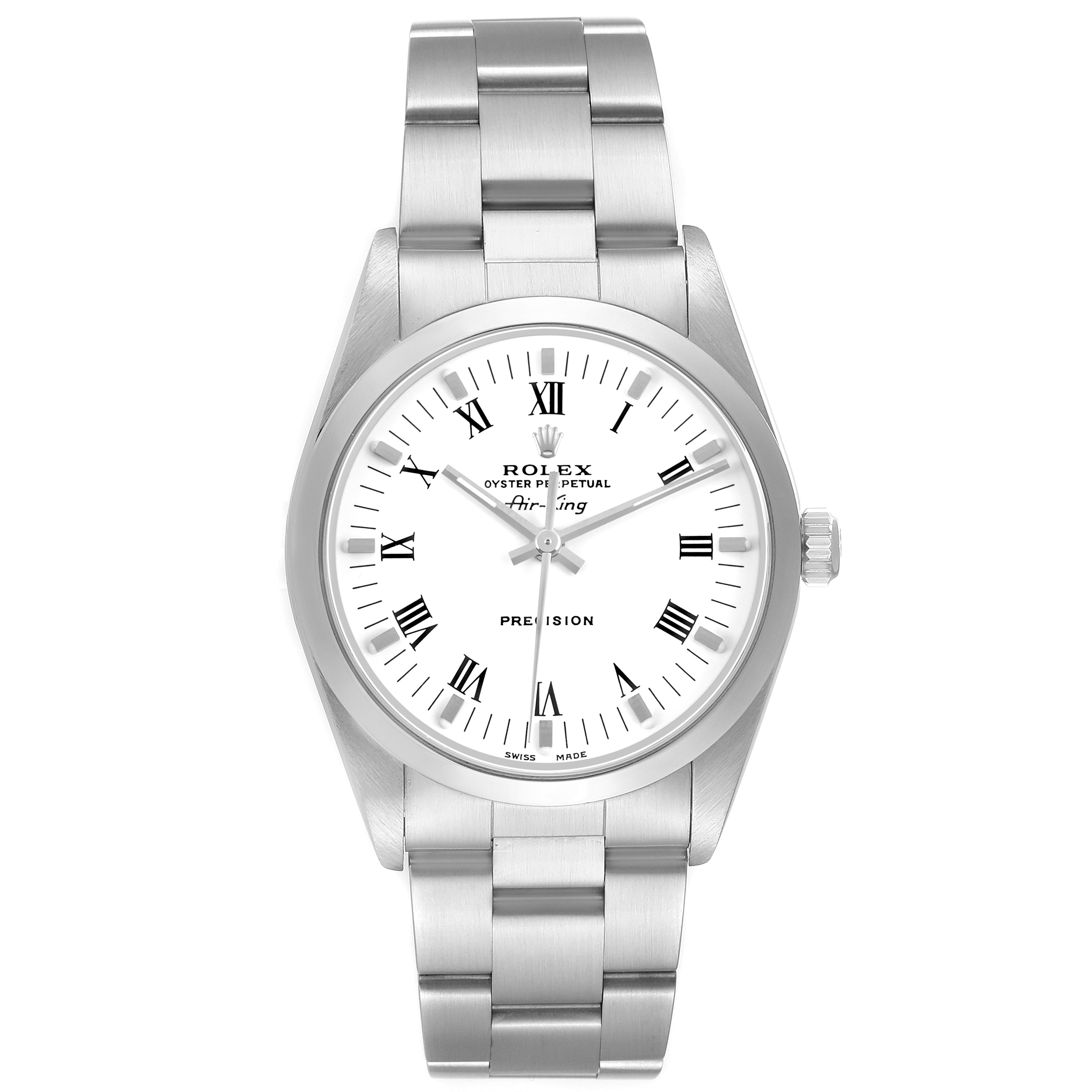 The Rolex Air-King 14000M Men's Stainless Steel White Dial watch is shown from a front angle, displaying its face, hands, bracelet, and crown.