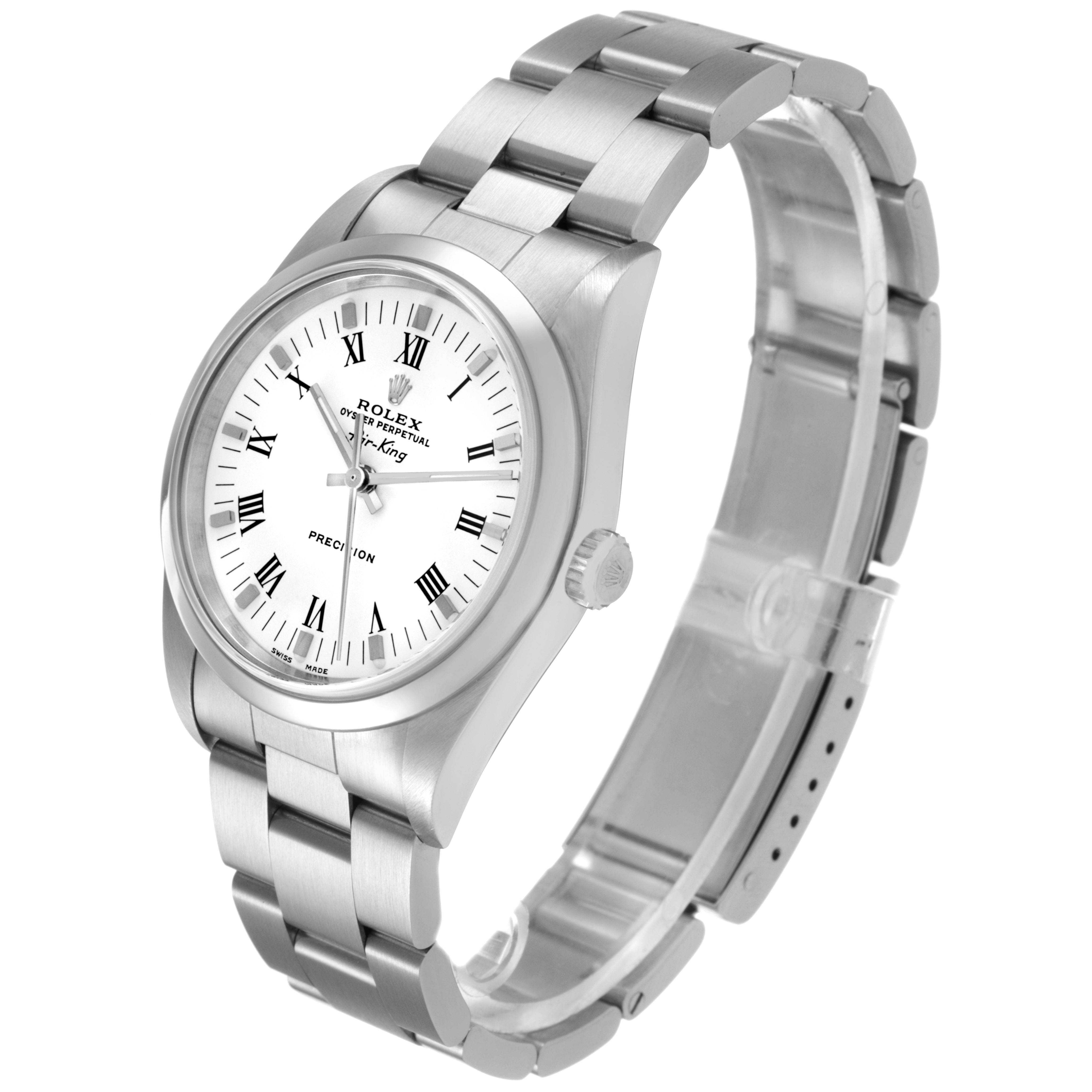 The Rolex Air-King 14000M Men's Stainless Steel White Dial watch is shown at a three-quarter angle, highlighting the face, case, crown, and bracelet.