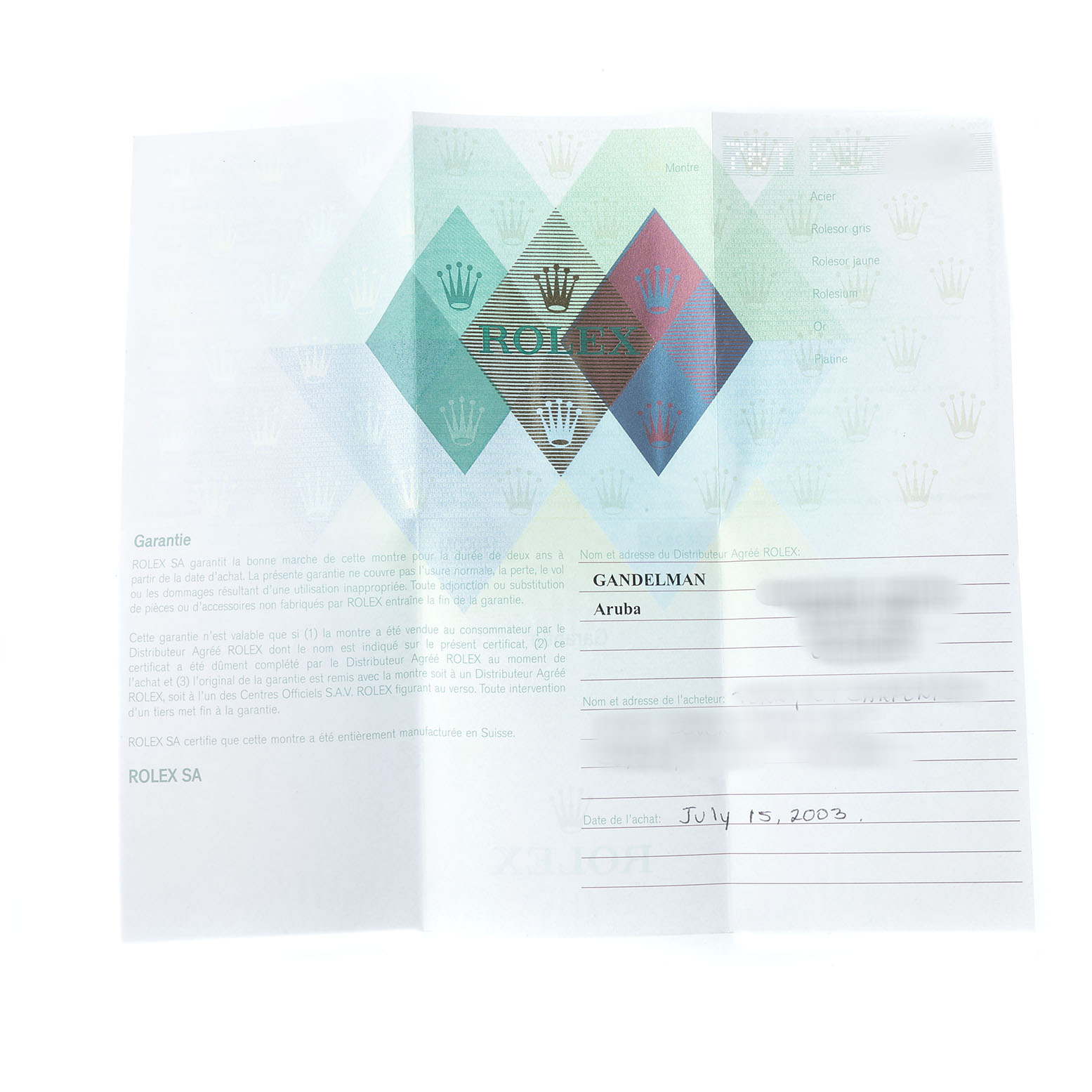 The image shows a warranty document for the Rolex Air-King 14000M Men's Stainless Steel White Dial watch, featuring branding and purchase details.
