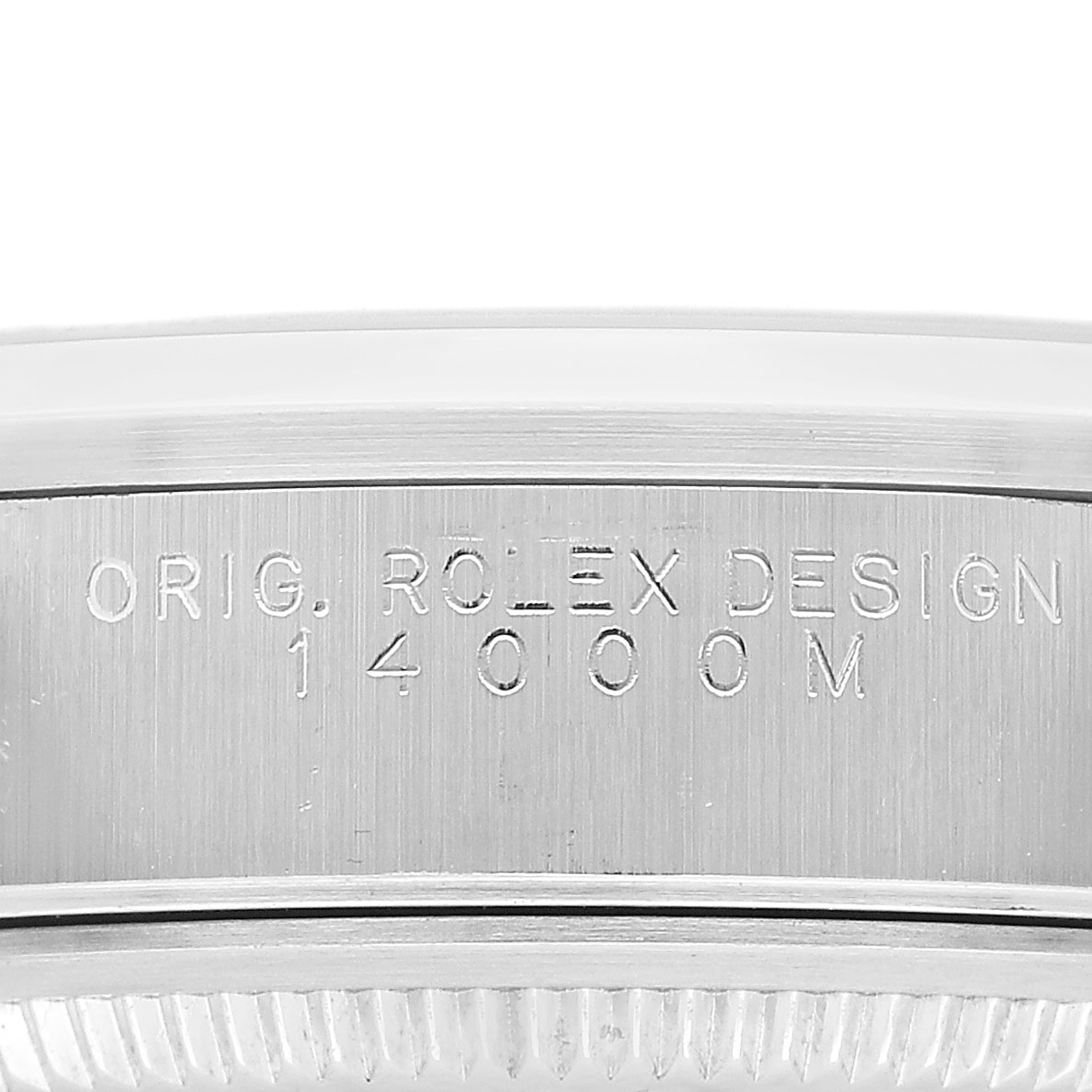 The image shows the side of a Rolex Air-King 14000M Men's Stainless Steel White Dial watch case with engraved model details.