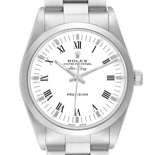 The Rolex Air-King 14000M Men's Stainless Steel White Dial watch is shown from a front angle, highlighting the face, bezel, crown, and part of the bracelet.