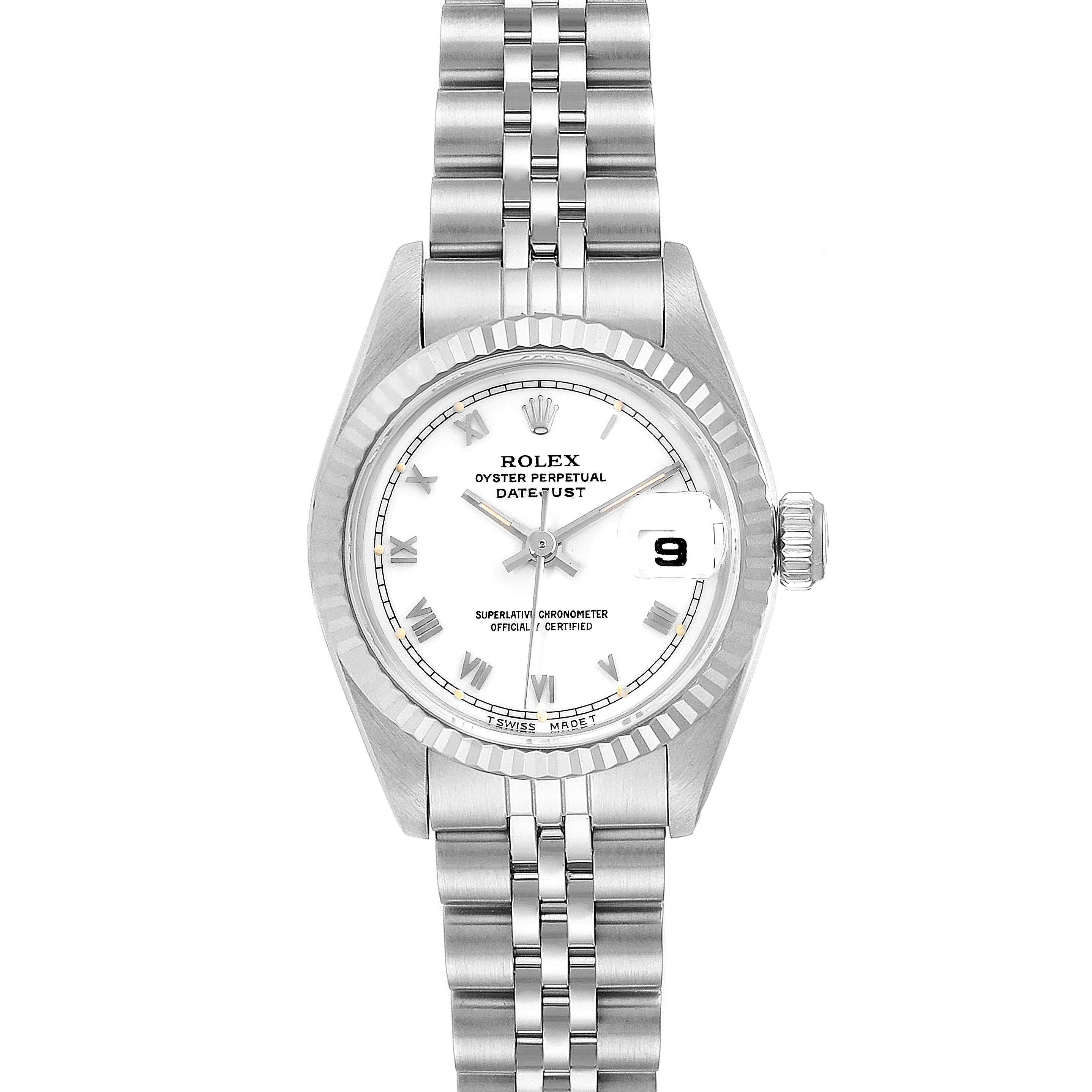 The Rolex Datejust 69174 Women's Stainless Steel White Dial 69174 Women's Stainless Steel White Dial watch is shown from the front, displaying its dial, bezel, crown, and bracelet.