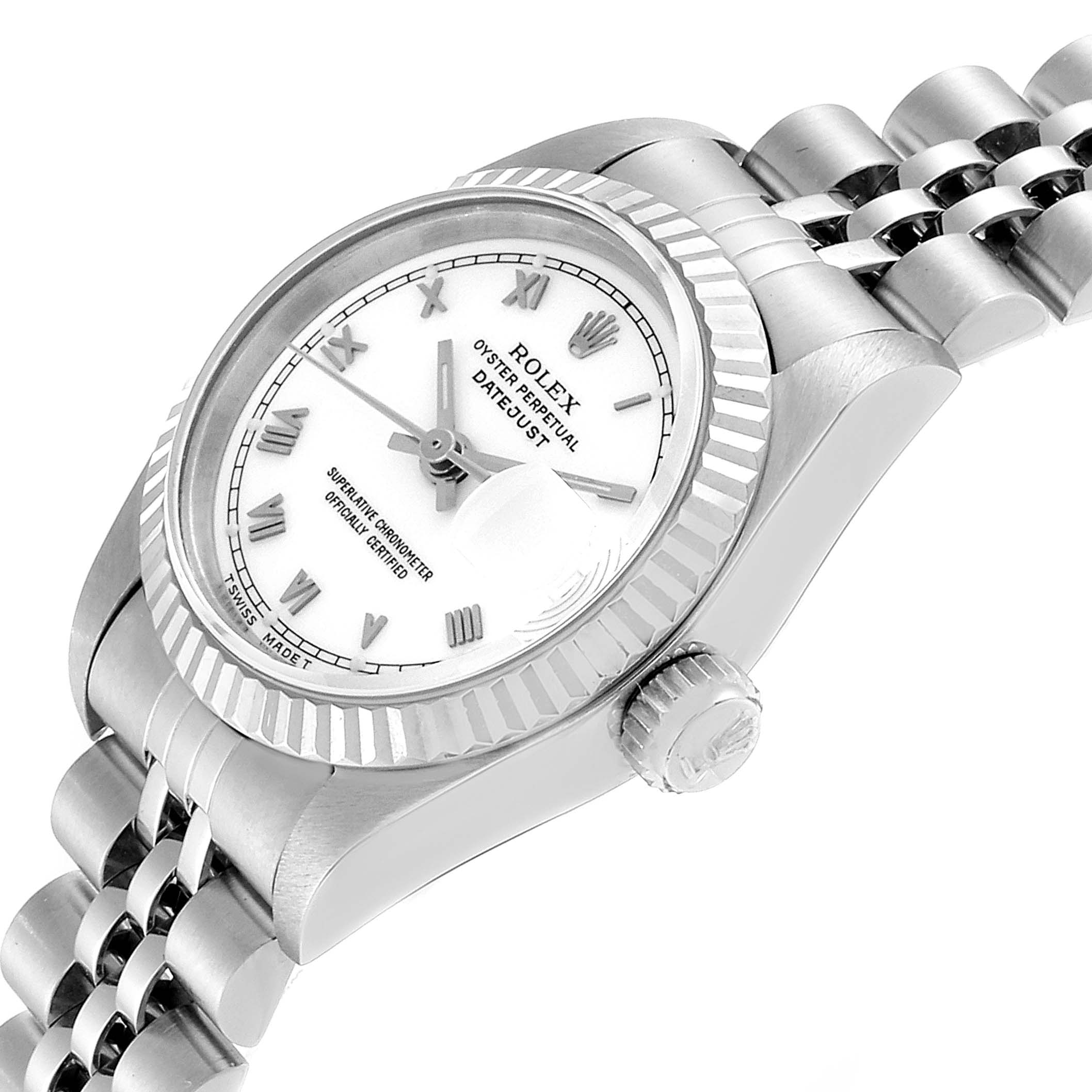 The image shows a Rolex Datejust 69174 Women's Stainless Steel White Dial 69174 Women's Stainless Steel White Dial watch at an angled side-view, highlighting the dial, bezel, crown, and part of the bracelet.