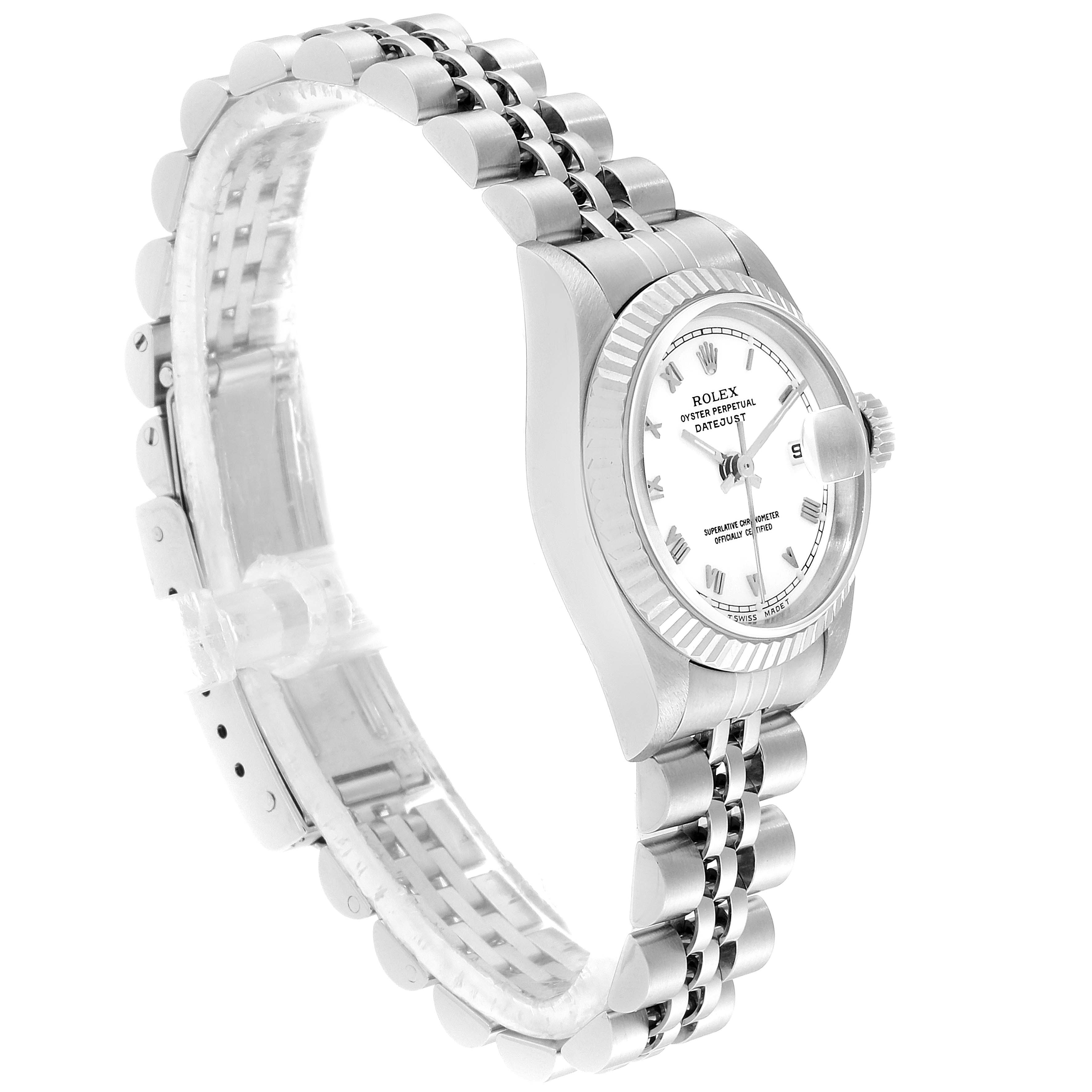 The image shows a side angle of a Rolex Datejust 69174 Women's Stainless Steel White Dial 69174 Women's Stainless Steel White Dial watch displaying its case, bracelet, and part of the face.