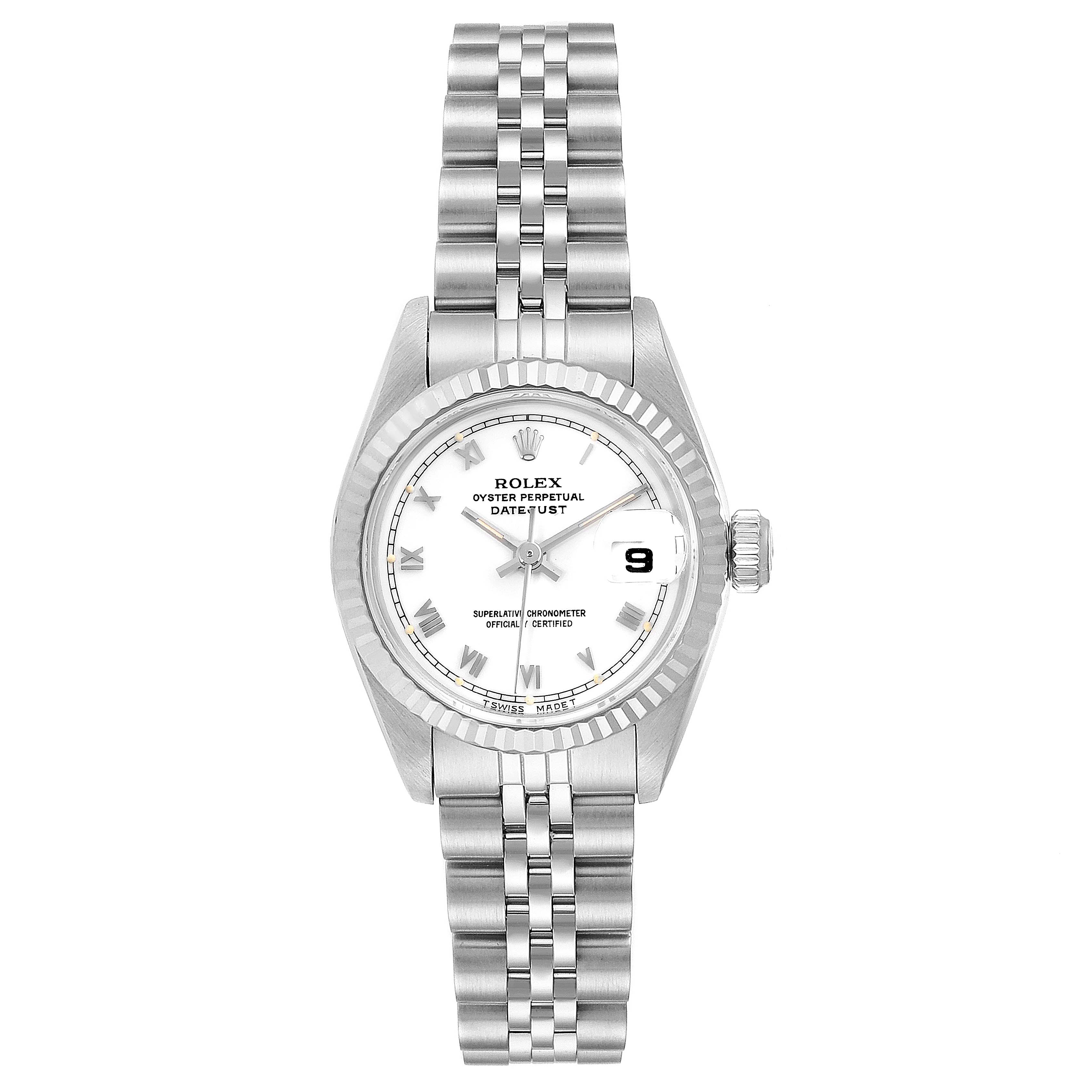 This image shows a front view of a Rolex Datejust 69174 Women's Stainless Steel White Dial 69174 Women's Stainless Steel White Dial watch, displaying its dial, bracelet, and crown.