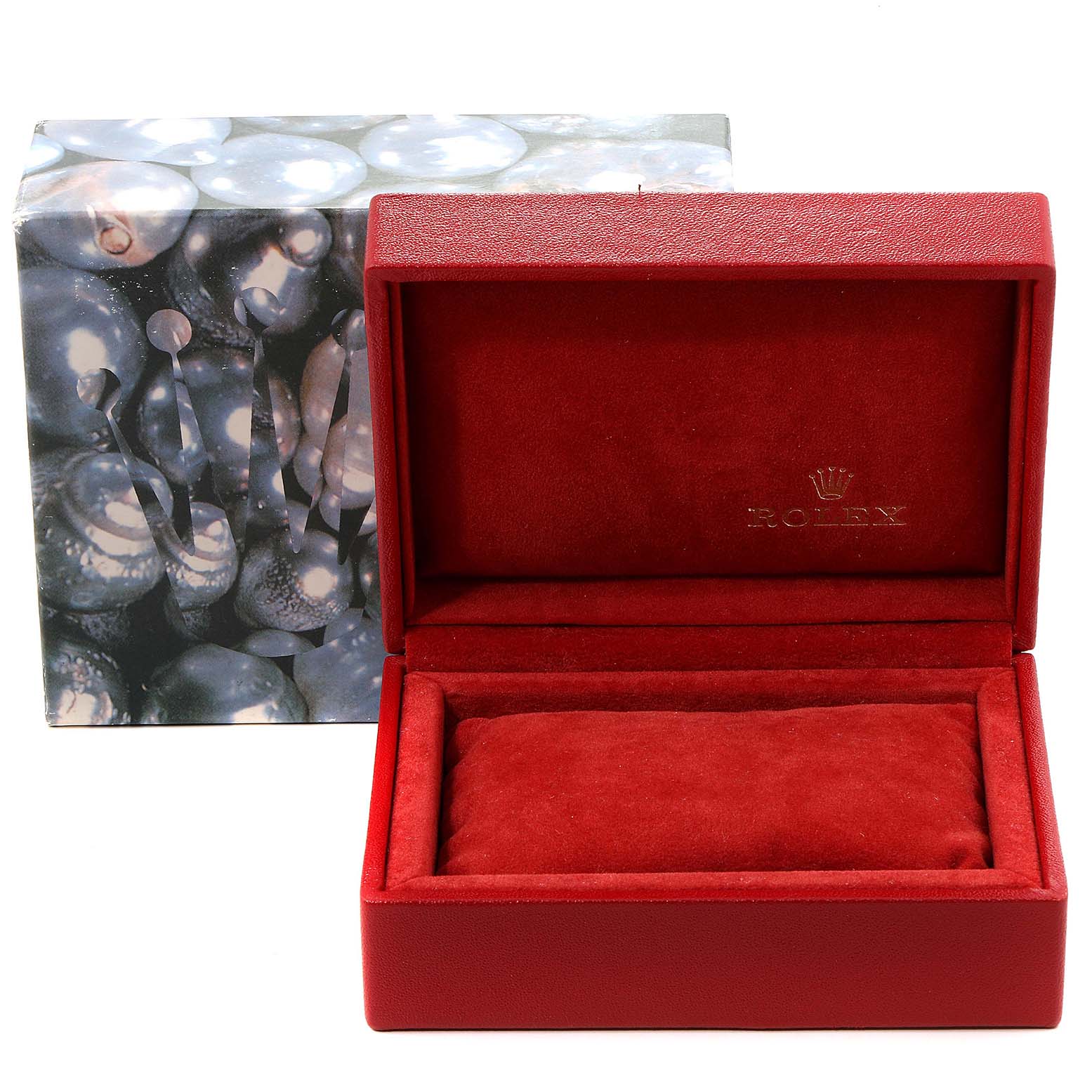 This image shows a Rolex Datejust 69174 Women's Stainless Steel White Dial 69174 Women's Stainless Steel White Dial watch box with the lid open, revealing a red velvet interior.