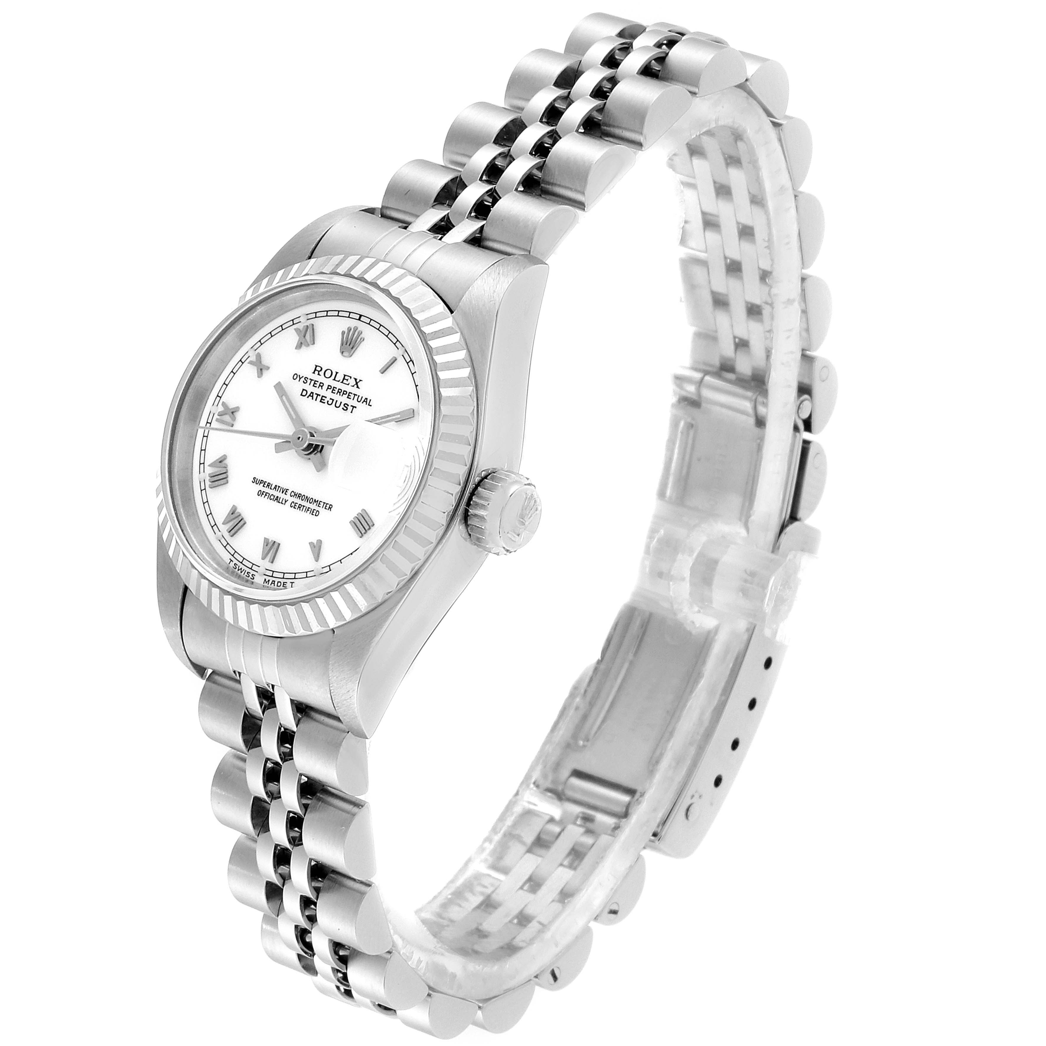 This image shows a Rolex Datejust 69174 Women's Stainless Steel White Dial 69174 Women's Stainless Steel White Dial watch at an angle showcasing the dial, bezel, crown, and bracelet.