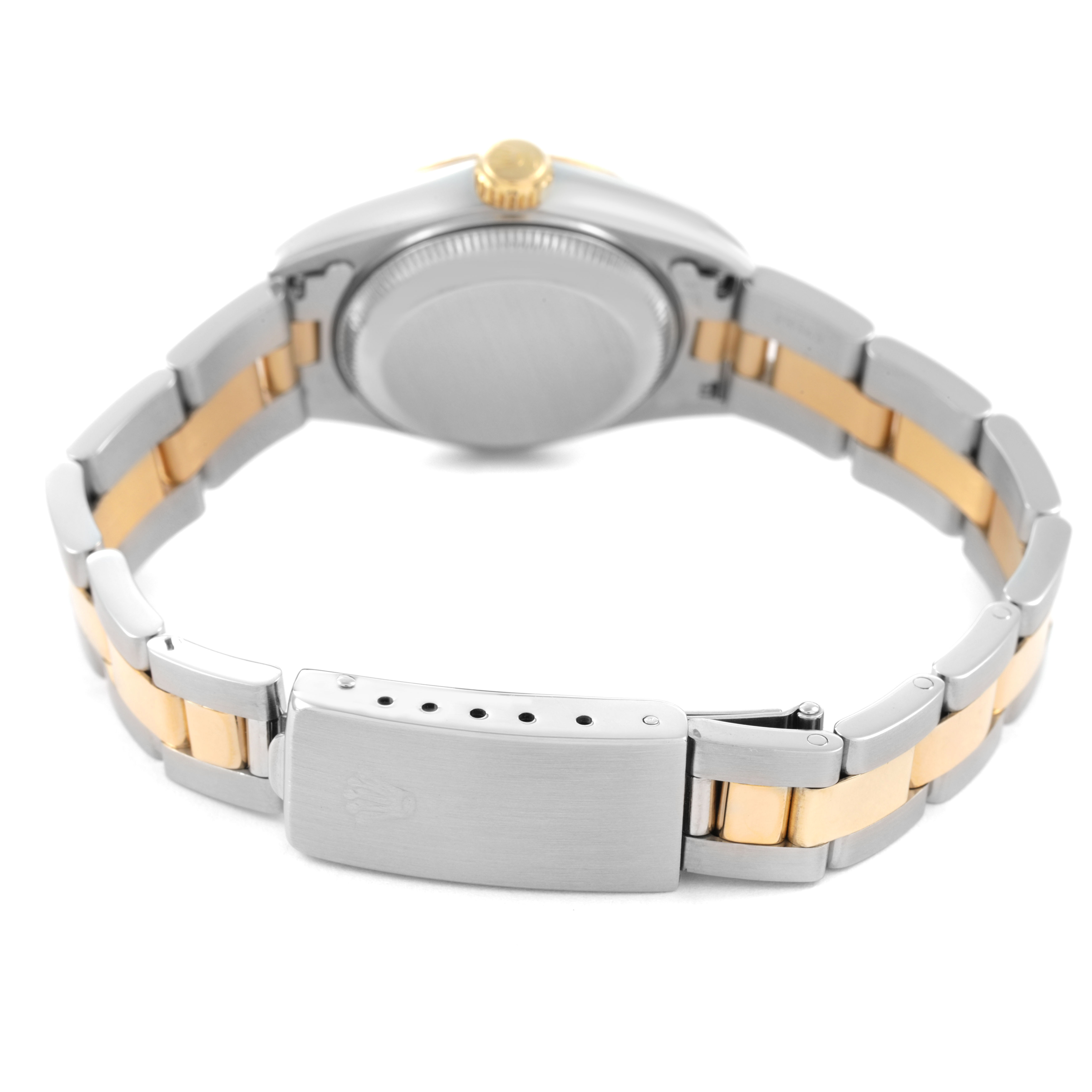 The image shows the Rolex Datejust 69173 Women's Steel and Gold (two tone) Champagne Dial watch from the back, highlighting the case back, clasp, and two-tone bracelet.